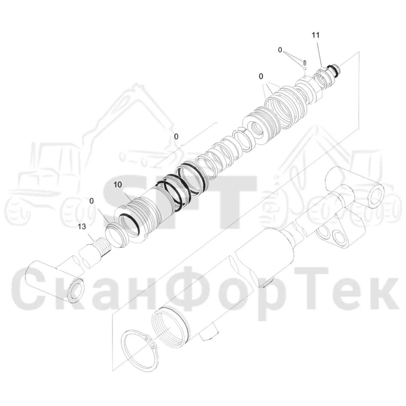 Схема: Komatsu / Лесозаготовительные машины / 931 S/N 9310021067- / Каталог запасных частей / Подъемный кран 230H / Стрела, наружная / Стрела, наружная 10 m / Запасные части цилиндра