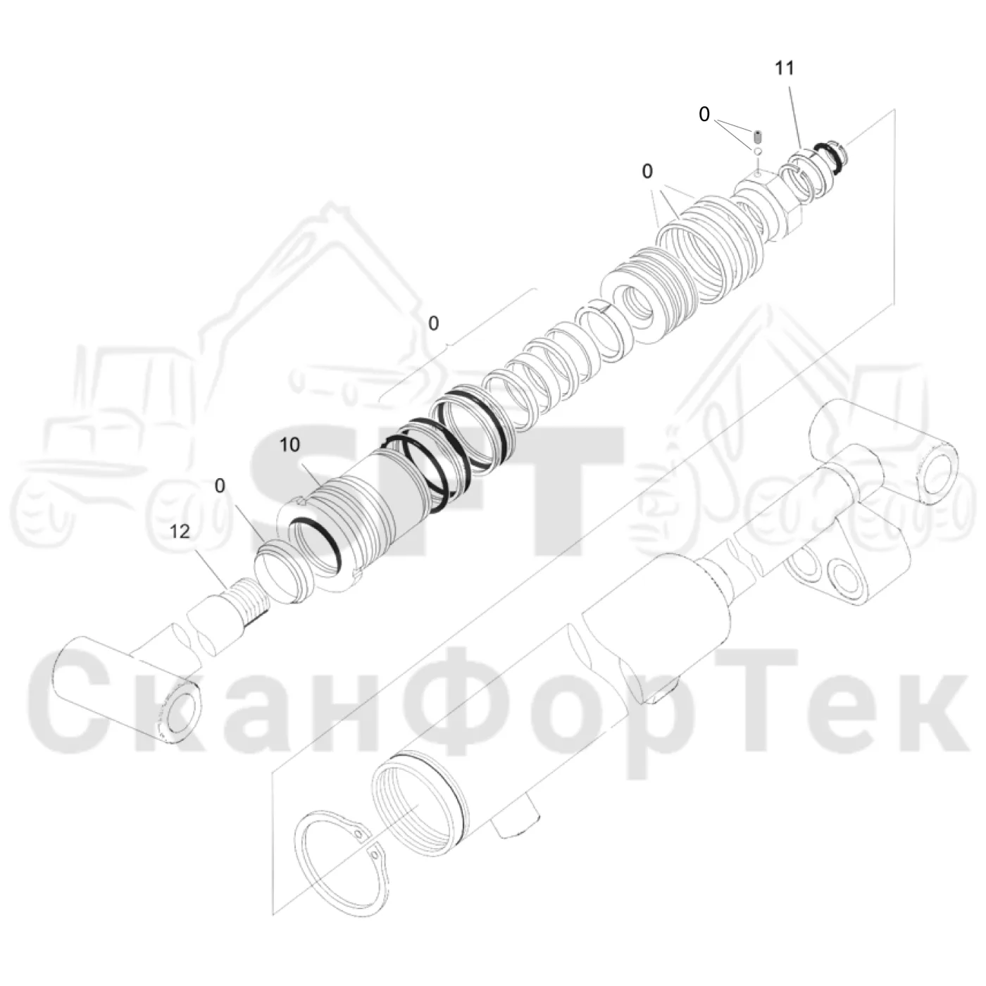 Схема: Komatsu / Лесозаготовительные машины / 931.1 / Каталог запасных частей / Подъемный кран / Стрела, наружная / Стрела, наружная 8,7m / Гидравлический цилиндр
