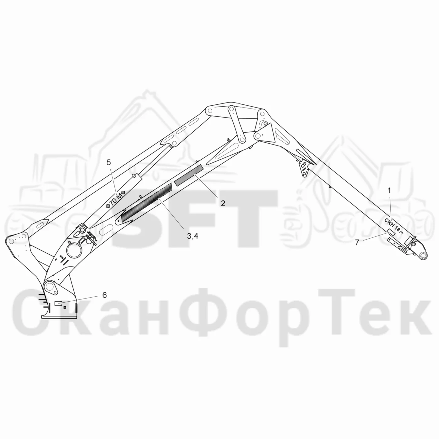 Схема: Komatsu / Лесозаготовительные машины / 911.4 / Каталог запасных частей / Подъемный кран / Подъемный кран / CRH 18 / Основная стрела / Комплект бирок