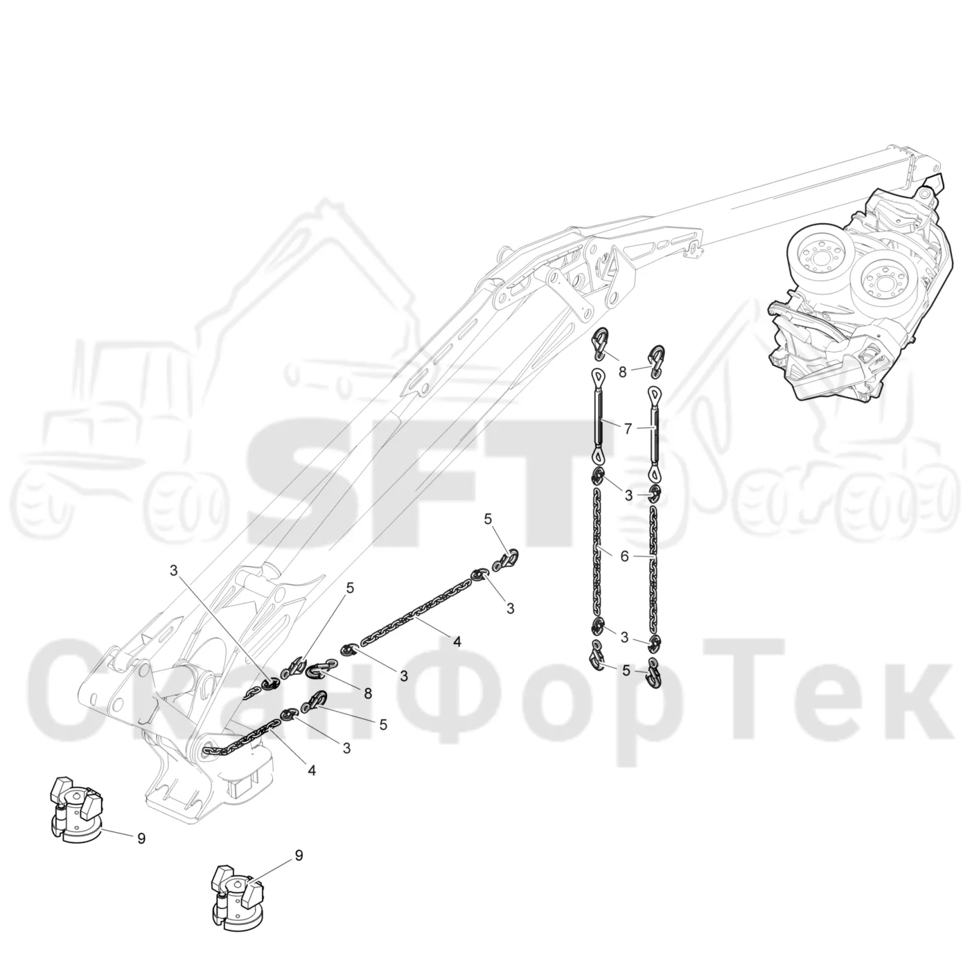 Схема: Komatsu / Лесозаготовительные машины / 951 S/N 9510004367- / Каталог запасных частей / Подъемный кран 270H / Опора транспортная