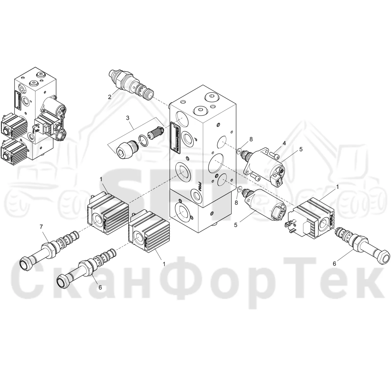 Схема: Komatsu / Лесозаготовительные машины / 901TX / Каталог запасных частей / Гидравлика / Клапан обслуживания / Клапан обслуживания на 6 колес / Запасные части клапана обслуживания