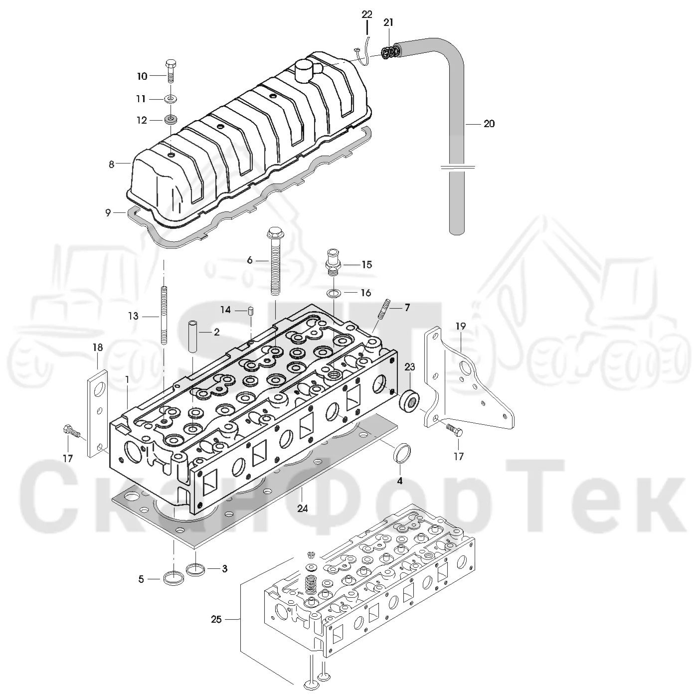 Схема: Valmet / Форвардер / Valmet 840.1 / Valmet 840.1 / Каталог запасных частей / Оборудование захвата / Захват / Valmet 801c Ch -11730 / Каталог запасных частей / Двигатель / Блок двигателя / Головка цилиндра