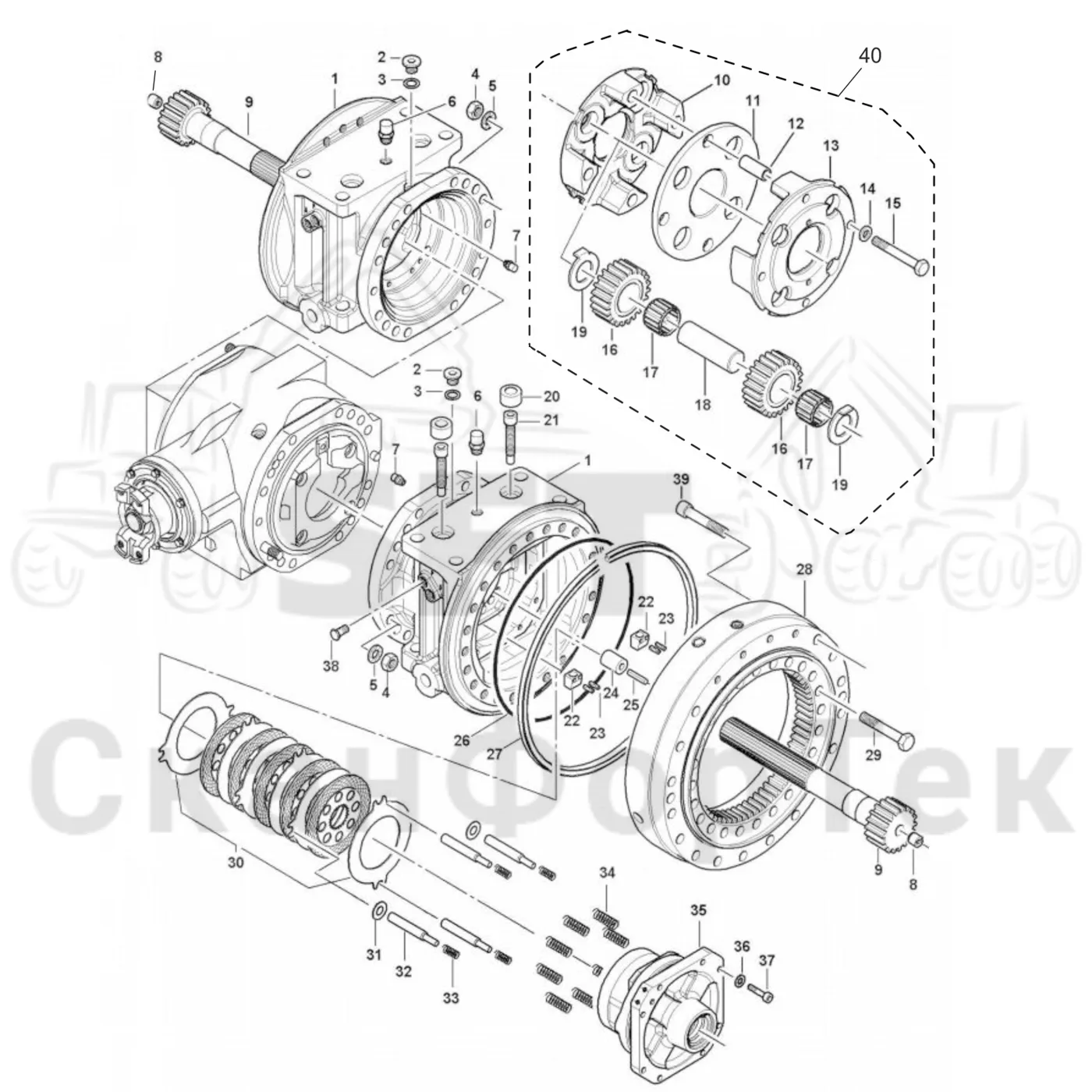 Схема: Komatsu / Лесозаготовительные машины / 901TX .1 / Каталог запасных частей / Коробка передач / Мост каретки / Comfort Bogie / каретки Картер ведущего моста