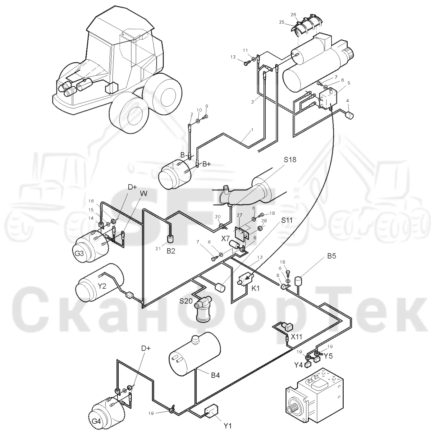 Схема: Valmet / Форвардер / Valmet 840.1 / Valmet 840.1 / Каталог запасных частей / Двигатель / Комплект электрооборудования / Комплект кабелей двигателя