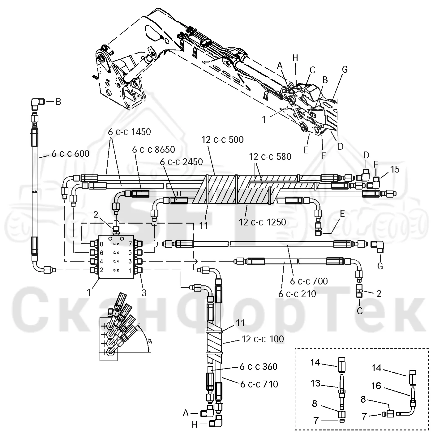 Схема: Valmet / Лесозаготовительные машины / Valmet 941.1 / Valmet 941.1 / Каталог запасных частей / Подъемный кран / Подъемные краны / CRH 24 / CRH 24 / Valmet CRH 24 Ch. V1001- / Каталог запасных частей / Вторая стрела / Оборудование / Смазка / Центральная смазка 8 m / Смазка
