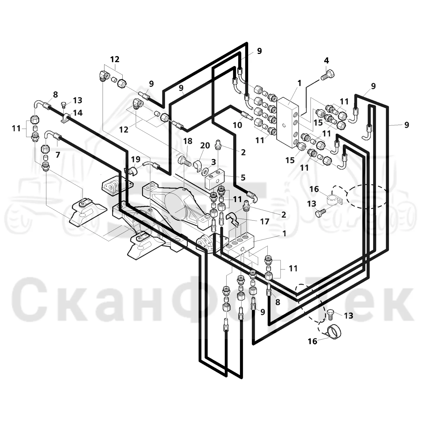 Схема: Valmet / Лесозаготовительные машины / Valmet 941.1 / Valmet 941.1 / Каталог запасных частей / Коробка передач / Ось / Мост VL 68 / Смазка задней оси