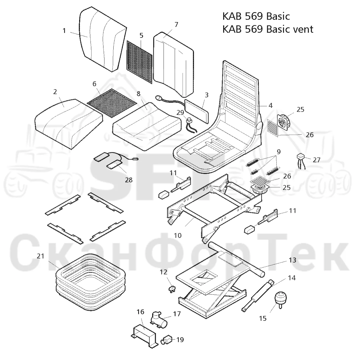 Схема: Valmet / Форвардер / Valmet 840.3 / Valmet 840.3 Ch. -311173 / Valmet 840.3 Ch. -311173 / Каталог запасных частей / Кабина / Сиденья / Сиденье KAB Basic / Запасные части сиденья KAB