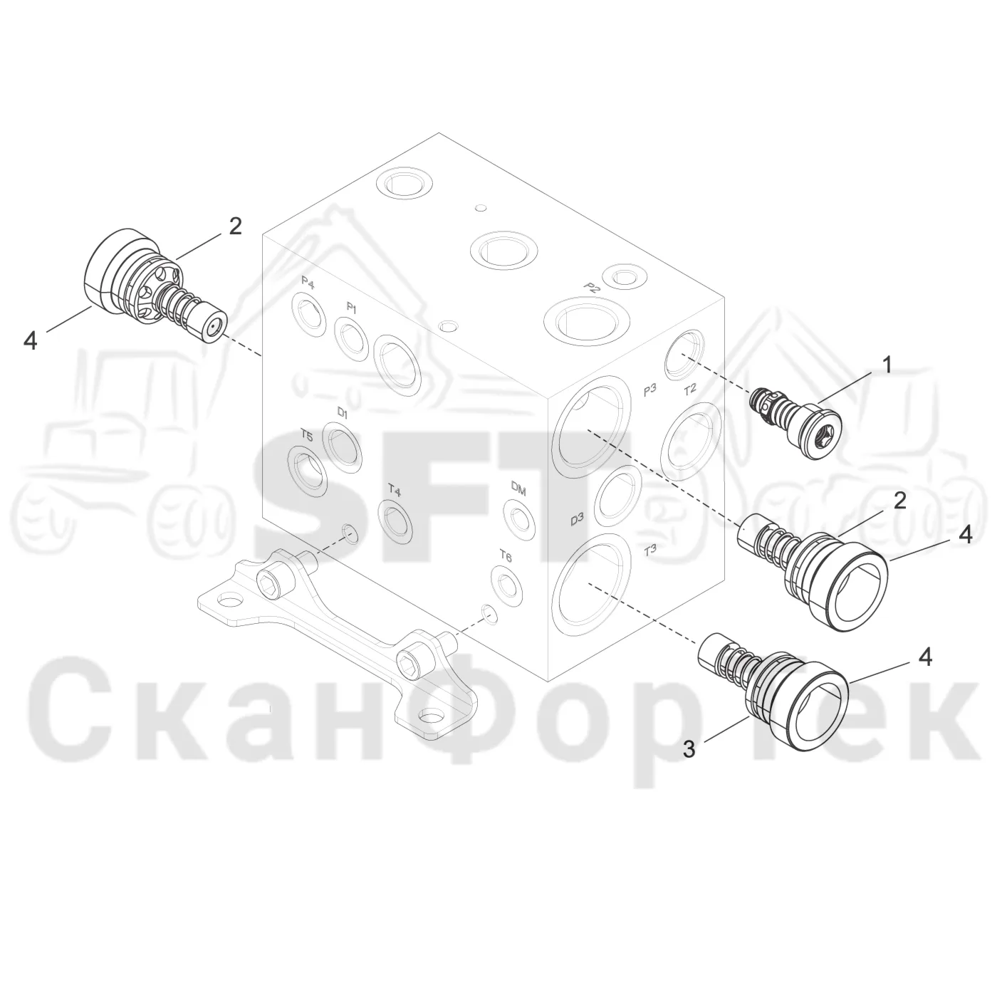 Схема: Komatsu / Лесозаготовительные машины / 941.1 / Каталог запасных частей / Гидравлика / Клапан подъемного крана / Торцевая секция / концевой блок