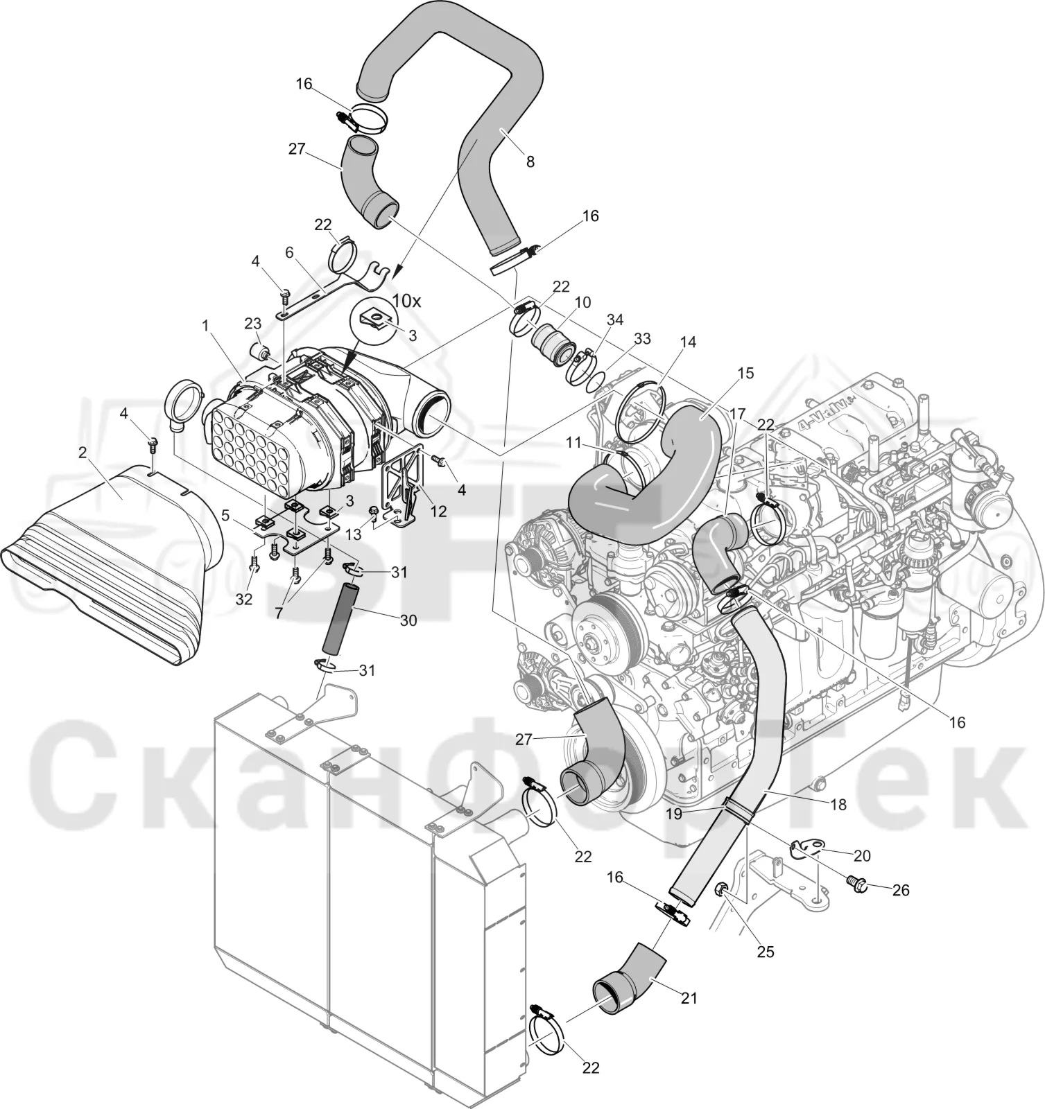 Схема: Komatsu / Лесозаготовительные машины / 911 S/N 9110062167- / Каталог запасных частей / Двигатель / Stage 4 / Впуск - выпуск / Система впуска