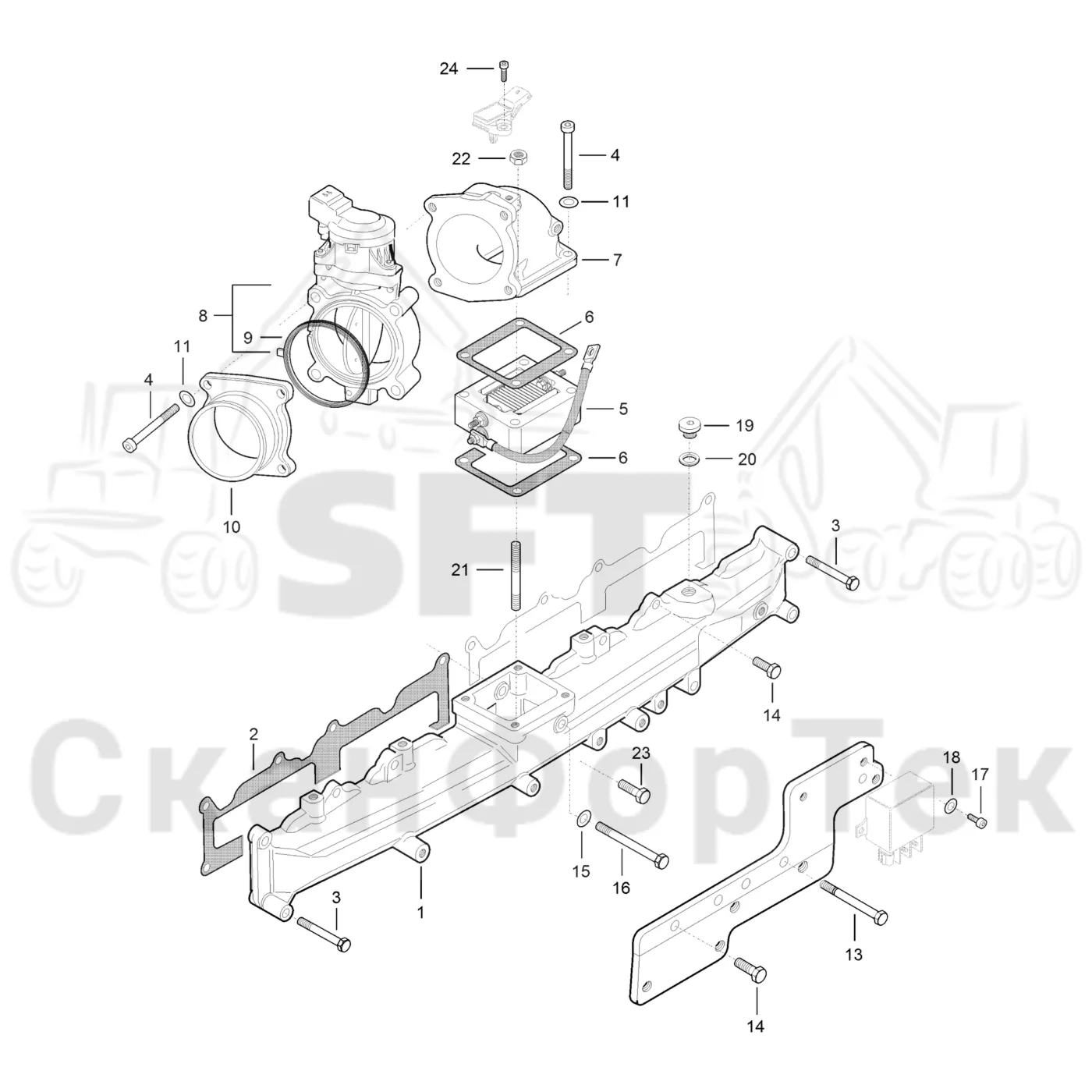Схема: Komatsu / Лесозаготовительные машины / 931XC S/N 9313021208- / Каталог запасных частей / Двигатель / Stage 4 Final / Впуск - выпуск / Впускной и выпускной коллектор