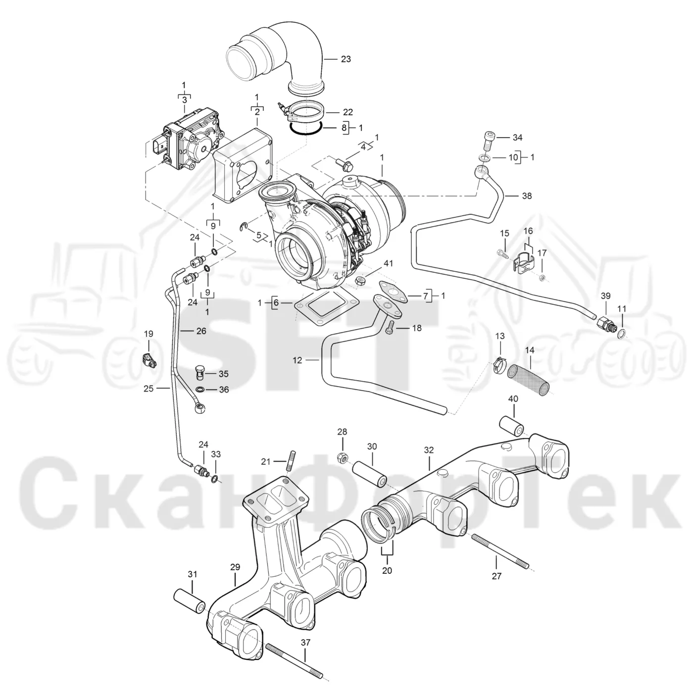 Схема: Komatsu / Лесозаготовительные машины / 901 S/N 9010053267- / Каталог запасных частей / Двигатель / Stage 2 / TIER 2 / Впуск - выпуск / Трубопроводы к турбоагрегату