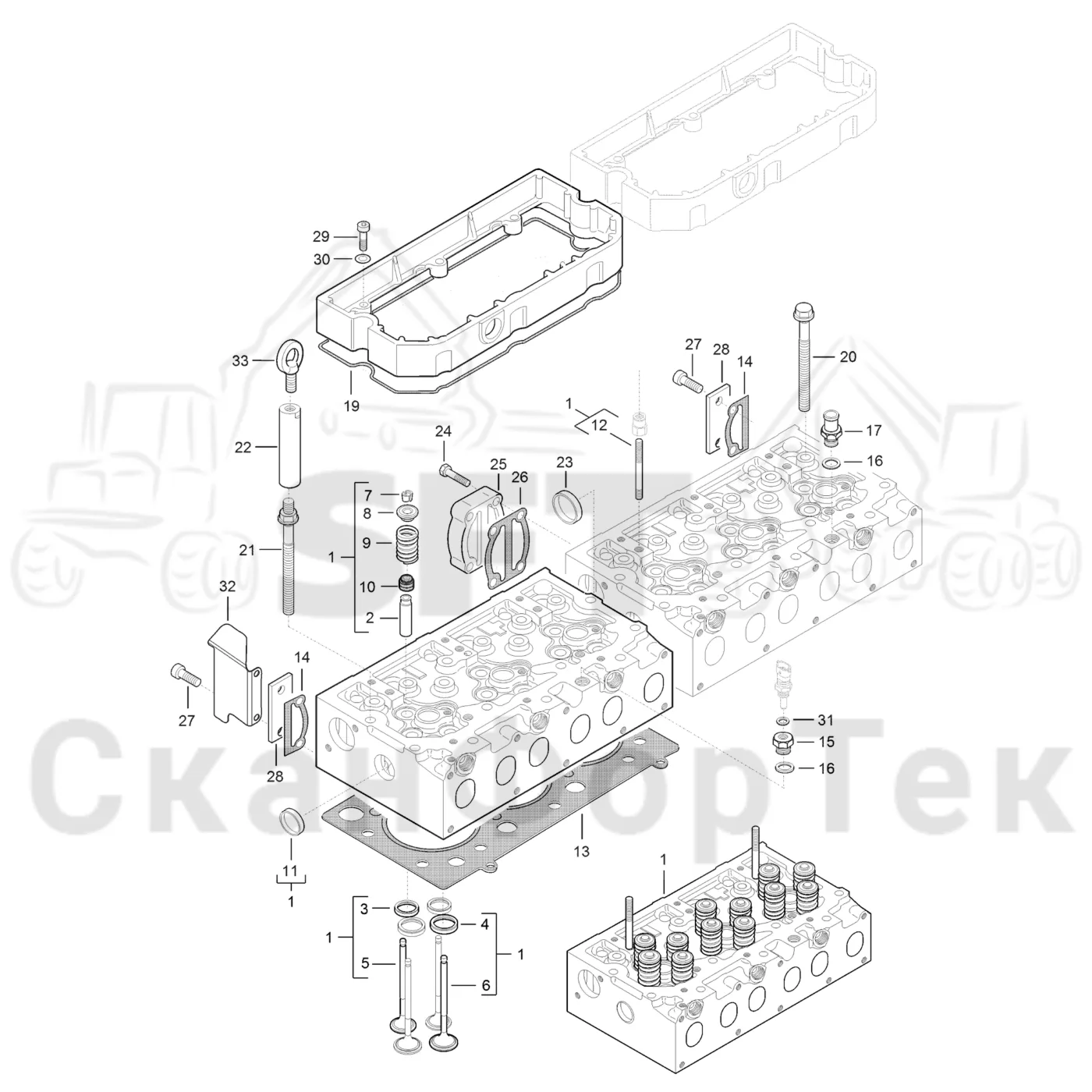 Схема: Komatsu / Форвардер / 855 S/N 8550022010- / Каталог запасных частей / Двигатель / Блок двигателя / Головка цилиндра