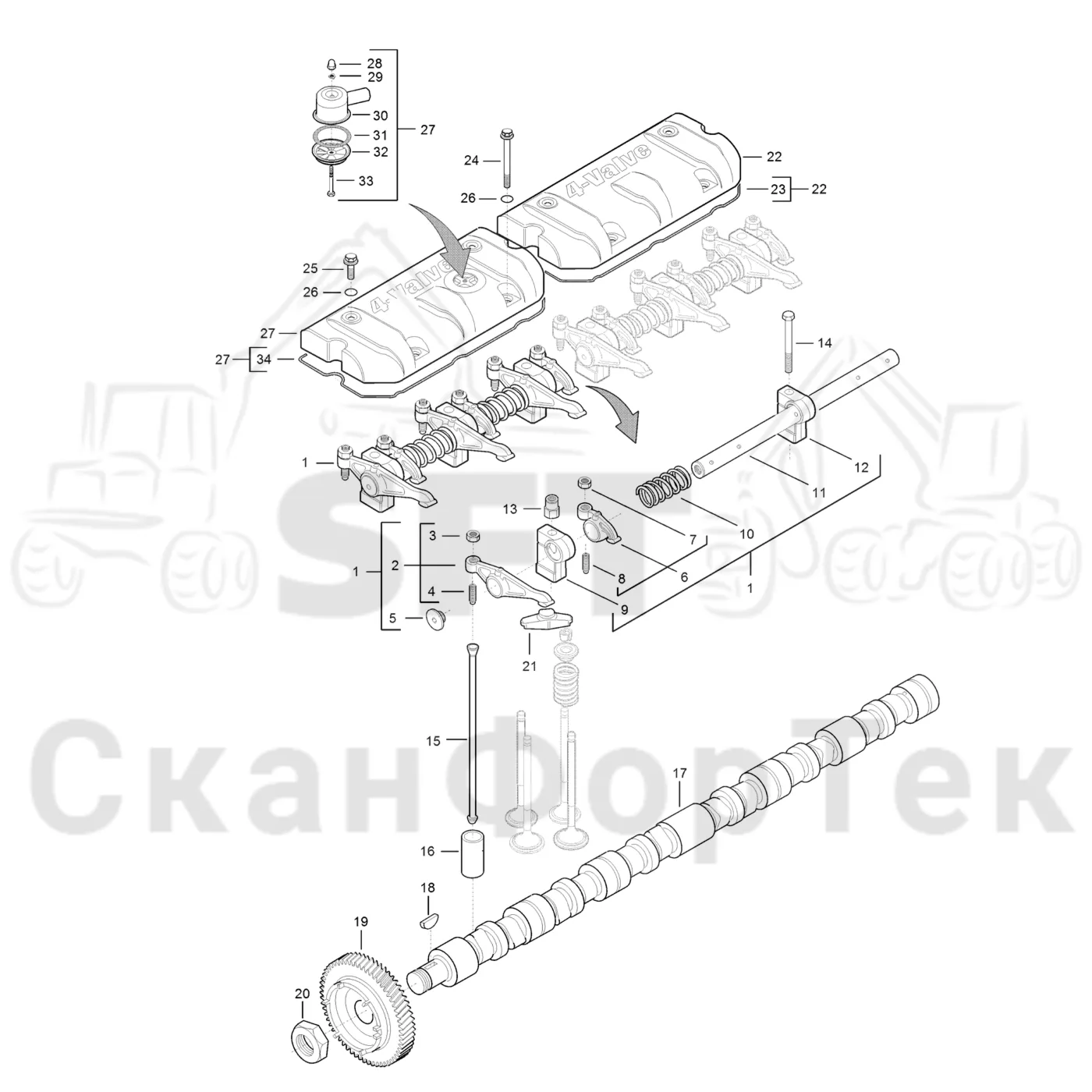 Схема: Komatsu / Лесозаготовительные машины / 911 S/N 9112062167- / Каталог запасных частей / Двигатель / Stage 4 / Блок двигателя / Механизм клапана