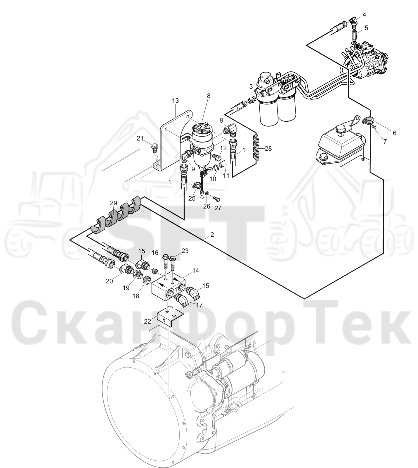 Схема: Komatsu / Лесозаготовительные машины / 931XC S/N 9313021208- / Каталог запасных частей / Двигатель / Tier 4 Final/US / Топливная система / Топливная система ,Водоотделитель