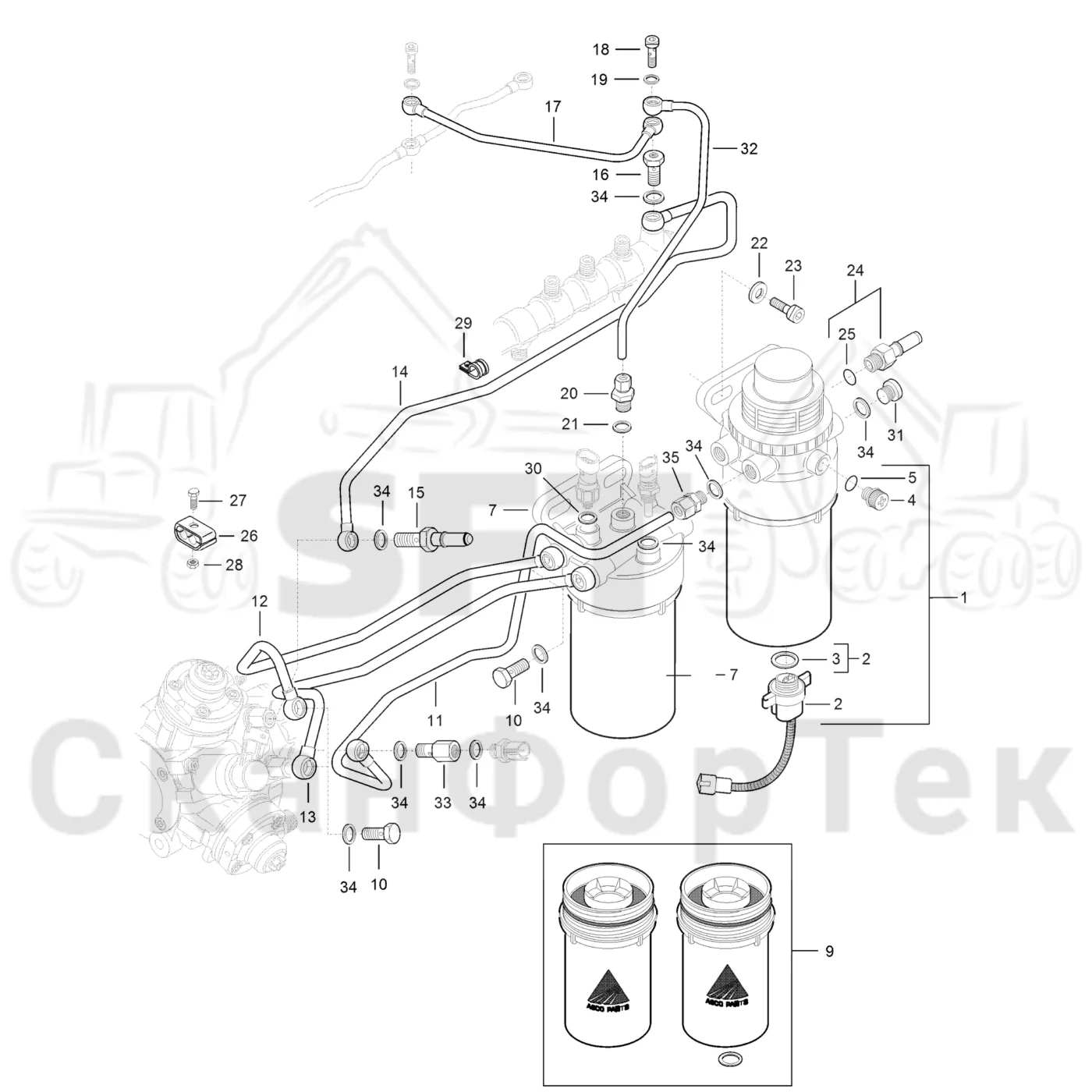 Схема: Komatsu / Форвардер / 895 S/N 8950011010- / Каталог запасных частей / Двигатель / Tier 4 Final/US / Топливная система / Топливный фильтр