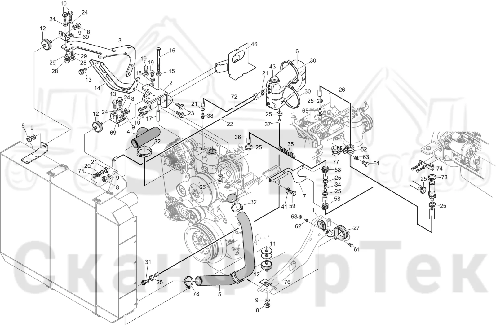 Схема: Komatsu / Лесозаготовительные машины / 901 S/N 9010053267- / Каталог запасных частей / Двигатель / Stage 4 / Система охлаждения / Система охлаждения двигателя