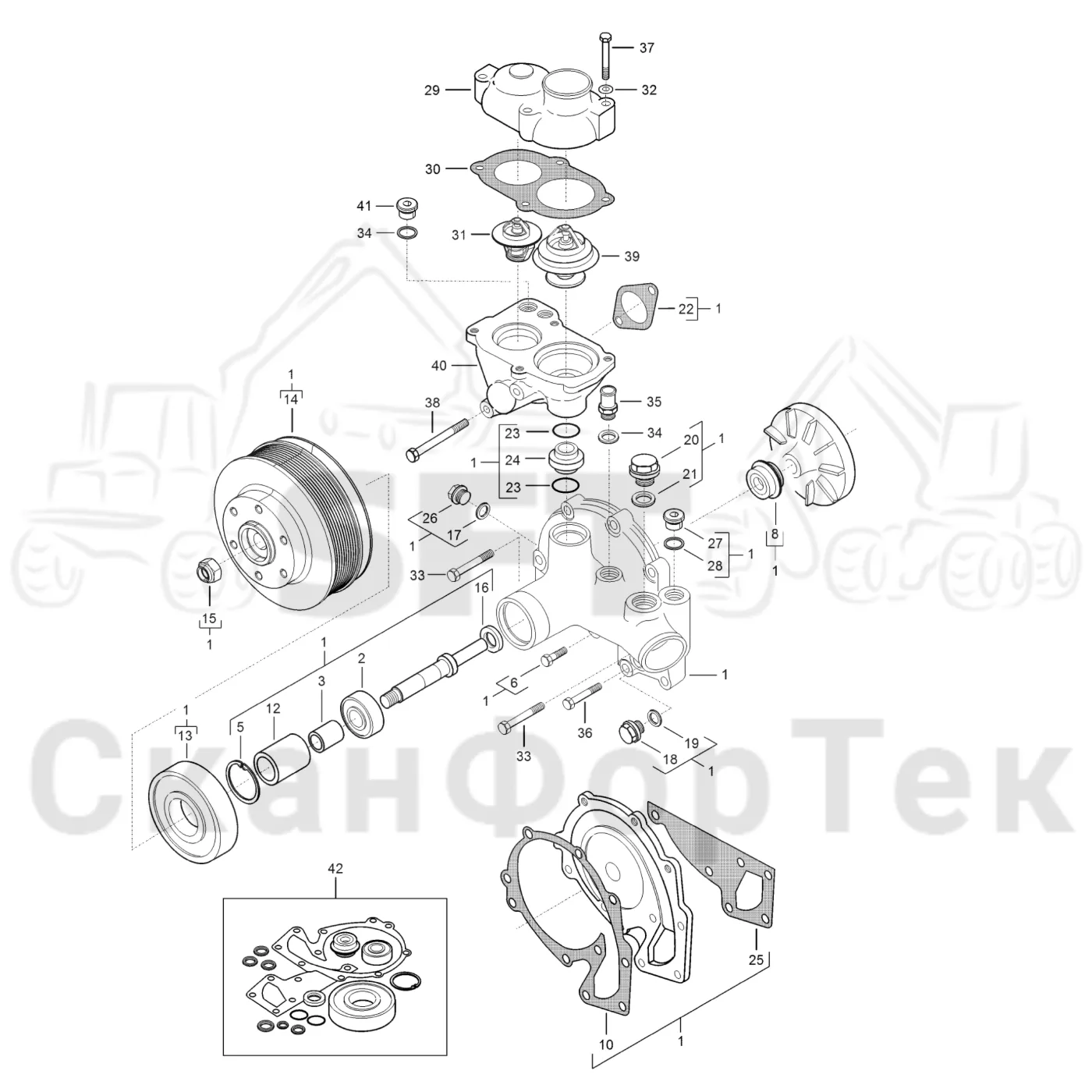 Схема: Komatsu / Лесозаготовительные машины / 901 S/N 9010053267- / Каталог запасных частей / Двигатель / Tier 4 Final/US / Система охлаждения / Насос хладагента