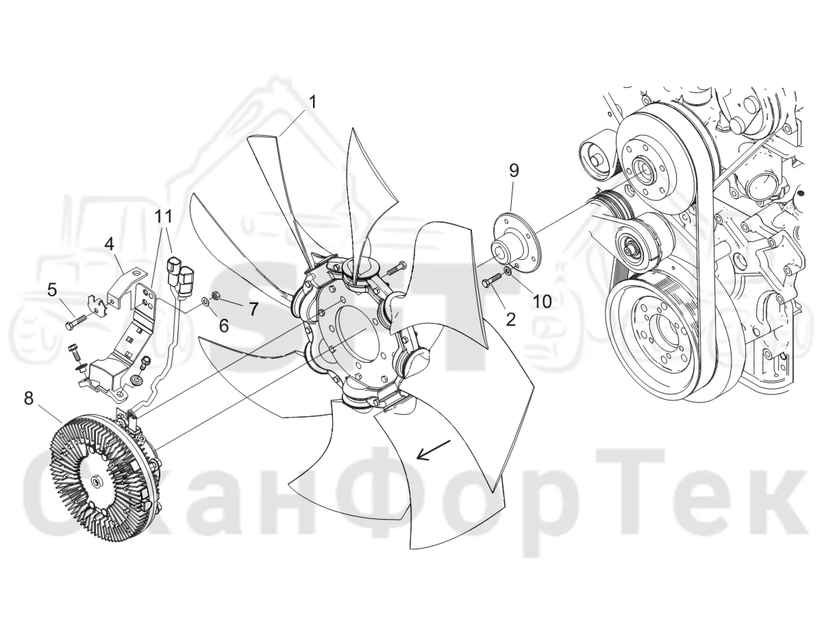 Схема: Komatsu / Лесозаготовительные машины / 911 S/N 9110062167- / Каталог запасных частей / Двигатель / Tier 4 Final/US / Система охлаждения / Fan electric controlled