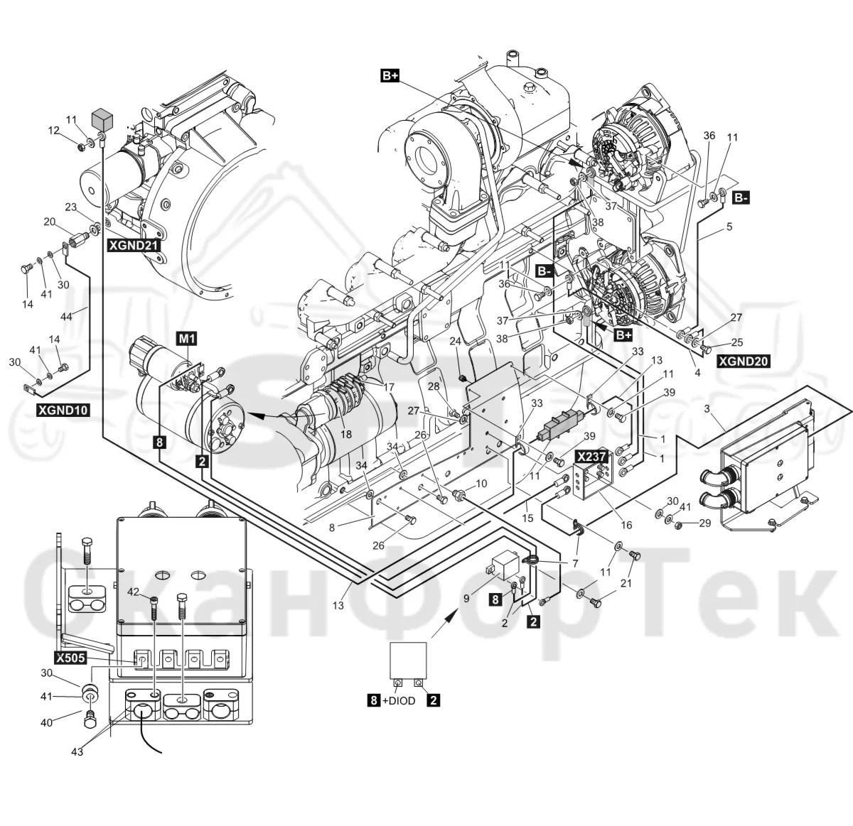 Схема: Komatsu / Лесозаготовительные машины / 911 S/N 9110062167- / Каталог запасных частей / Двигатель / Tier 4 Final/US / Электродвигатель стартера / Комплект электрооборудования электродвигателя стартера