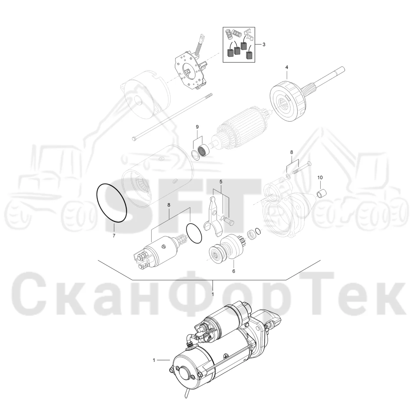 Схема: Komatsu / Лесозаготовительные машины / 901 S/N 9010053267- / Каталог запасных частей / Двигатель / Stage 4 / Электродвигатель стартера / Электродвигатель стартера