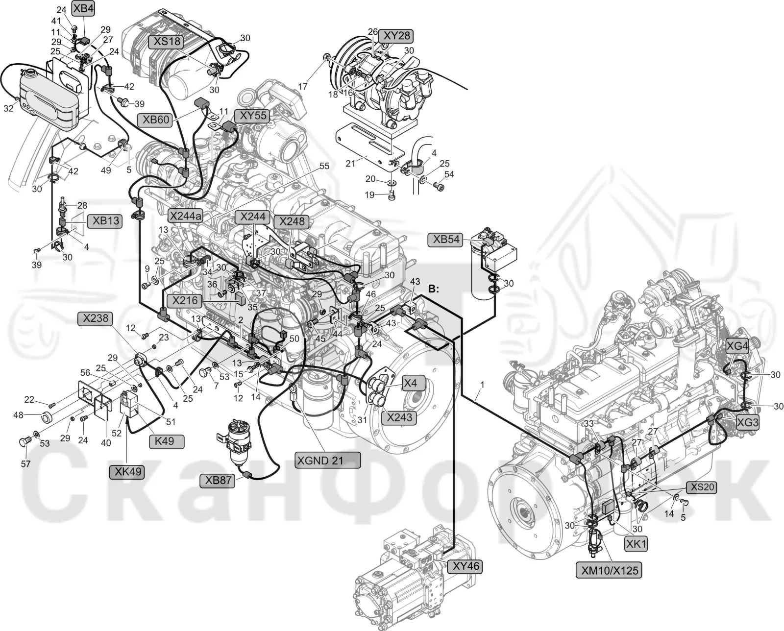 Схема: Komatsu / Лесозаготовительные машины / 901 S/N 9010053267- / Каталог запасных частей / Двигатель / Stage 4 / Комплект электрооборудования / Комплект кабелей двигателя