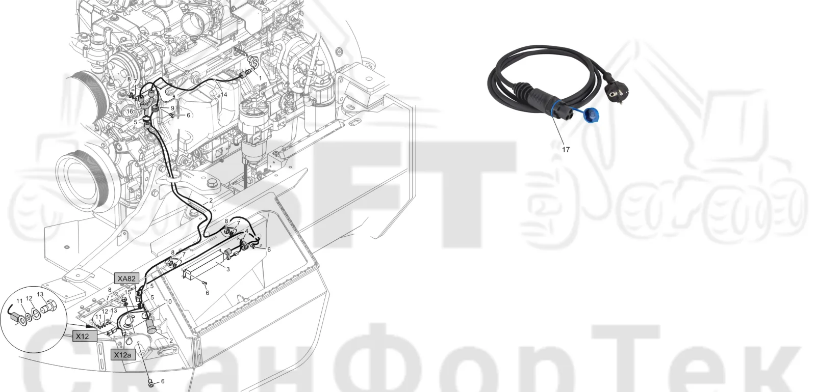 Схема: Komatsu / Лесозаготовительные машины / 911 S/N 9110062167- / Каталог запасных частей / Двигатель / Stage 4 / Подогреватель / Подогреватель двигателя/электрический