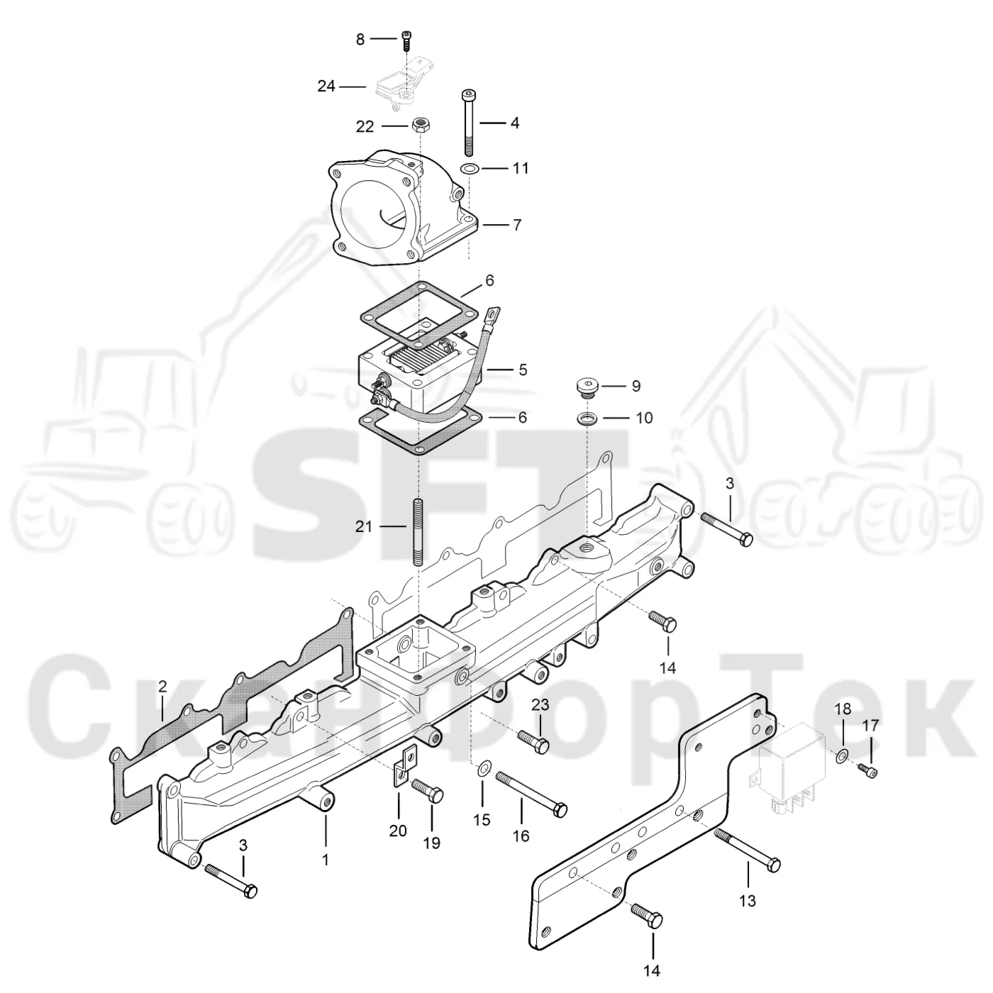 Схема: Komatsu / Форвардер / 895 S/N 8950011010- / Каталог запасных частей / Двигатель / Stage 2 / TIER 2 / Впуск - выпуск / Впускной и выпускной коллектор
