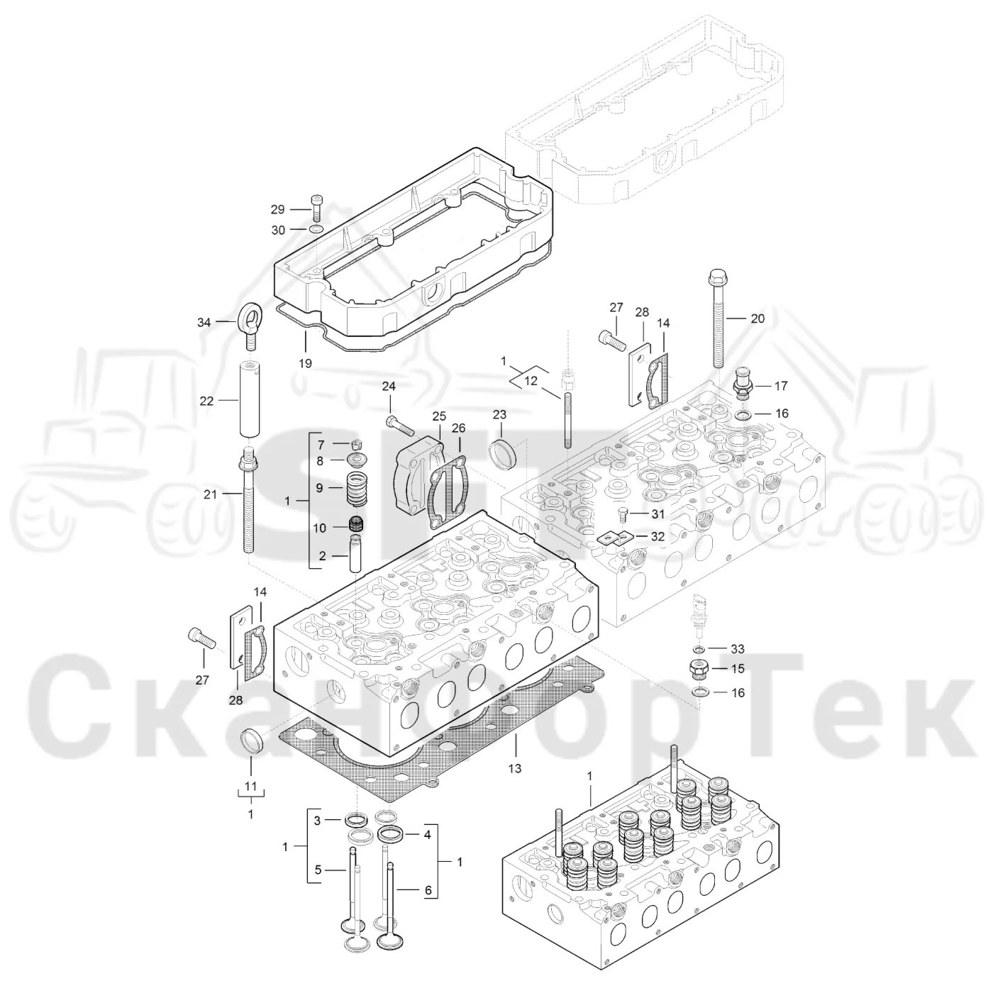 Схема: Komatsu / Форвардер / 895 S/N 8950011010- / Каталог запасных частей / Двигатель / Stage 2 / TIER 2 / Блок двигателя / Головка цилиндра