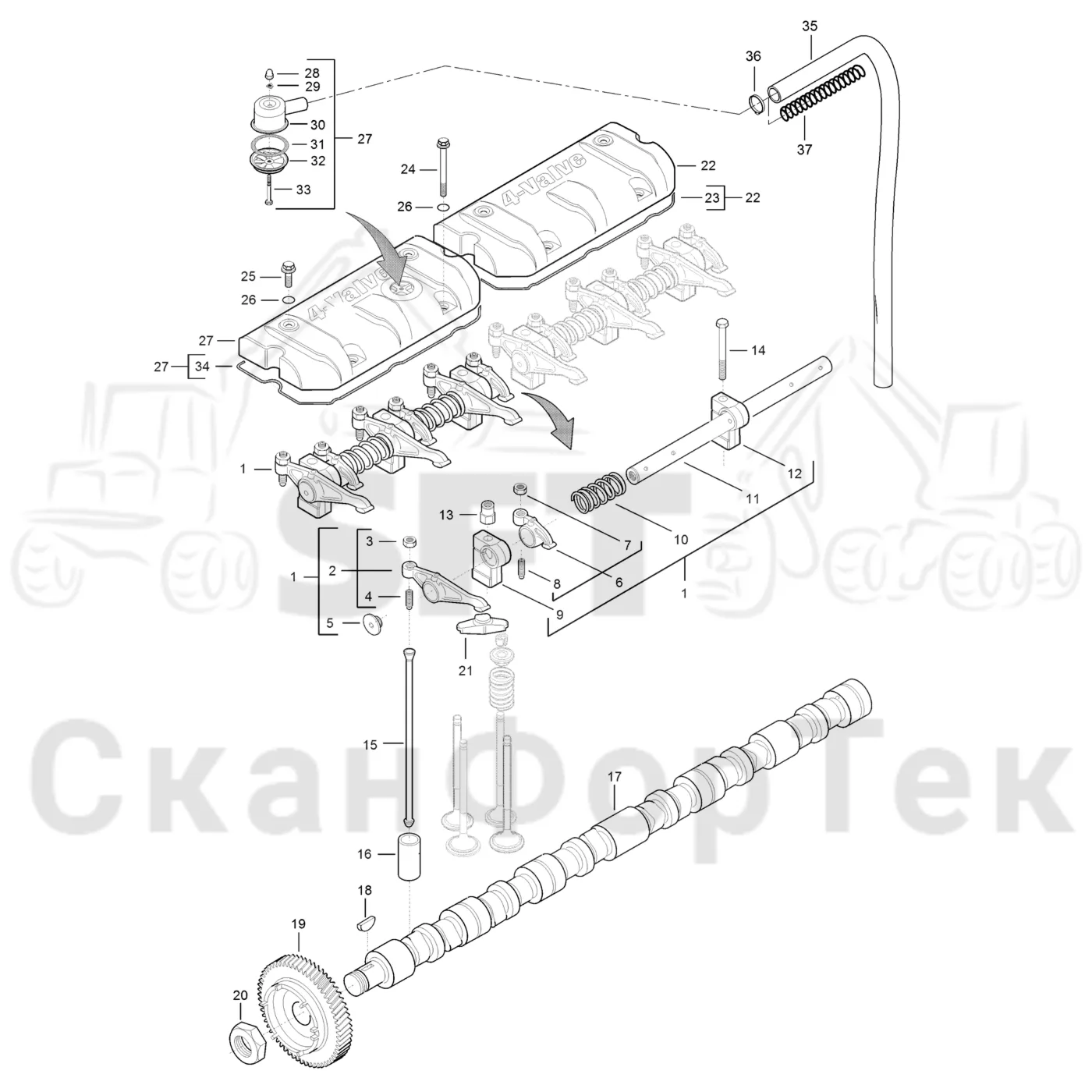 Схема: Komatsu / Лесозаготовительные машины / 951 S/N 9510004367- / Каталог запасных частей / Двигатель / Stage 2 / TIER 2 / Блок двигателя / Механизм клапана