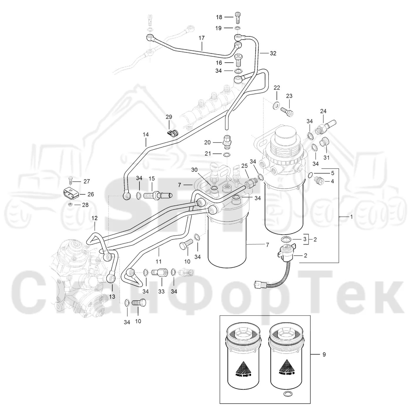 Схема: Komatsu / Лесозаготовительные машины / 901 S/N 9010053267- / Каталог запасных частей / Двигатель / Stage 2 / TIER 2 / Топливная система / Топливный фильтр