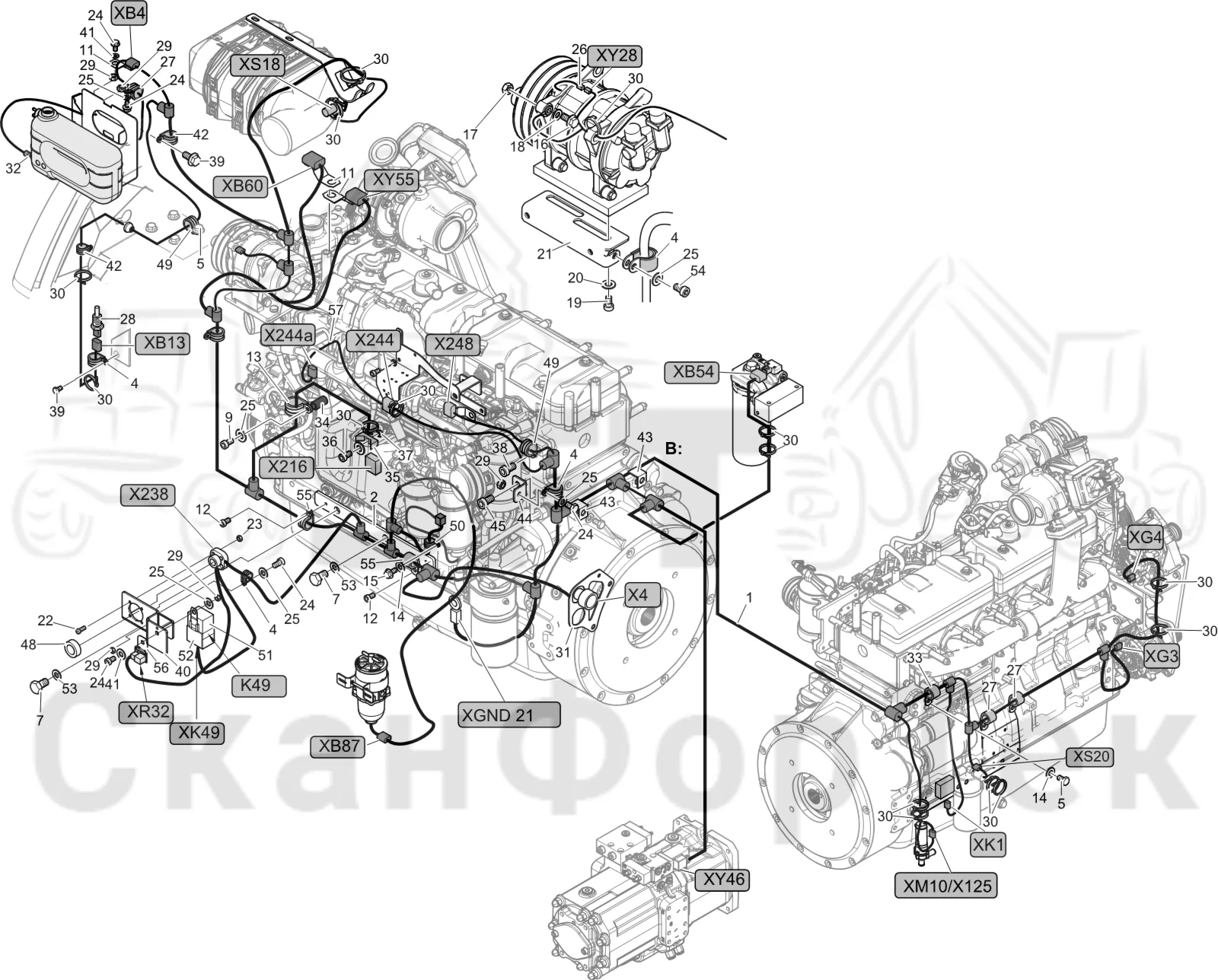 Схема: Komatsu / Лесозаготовительные машины / 931XC S/N 9313021208- / Каталог запасных частей / Двигатель / Stage 2 / TIER 2 / Комплект электрооборудования / Комплект кабелей двигателя