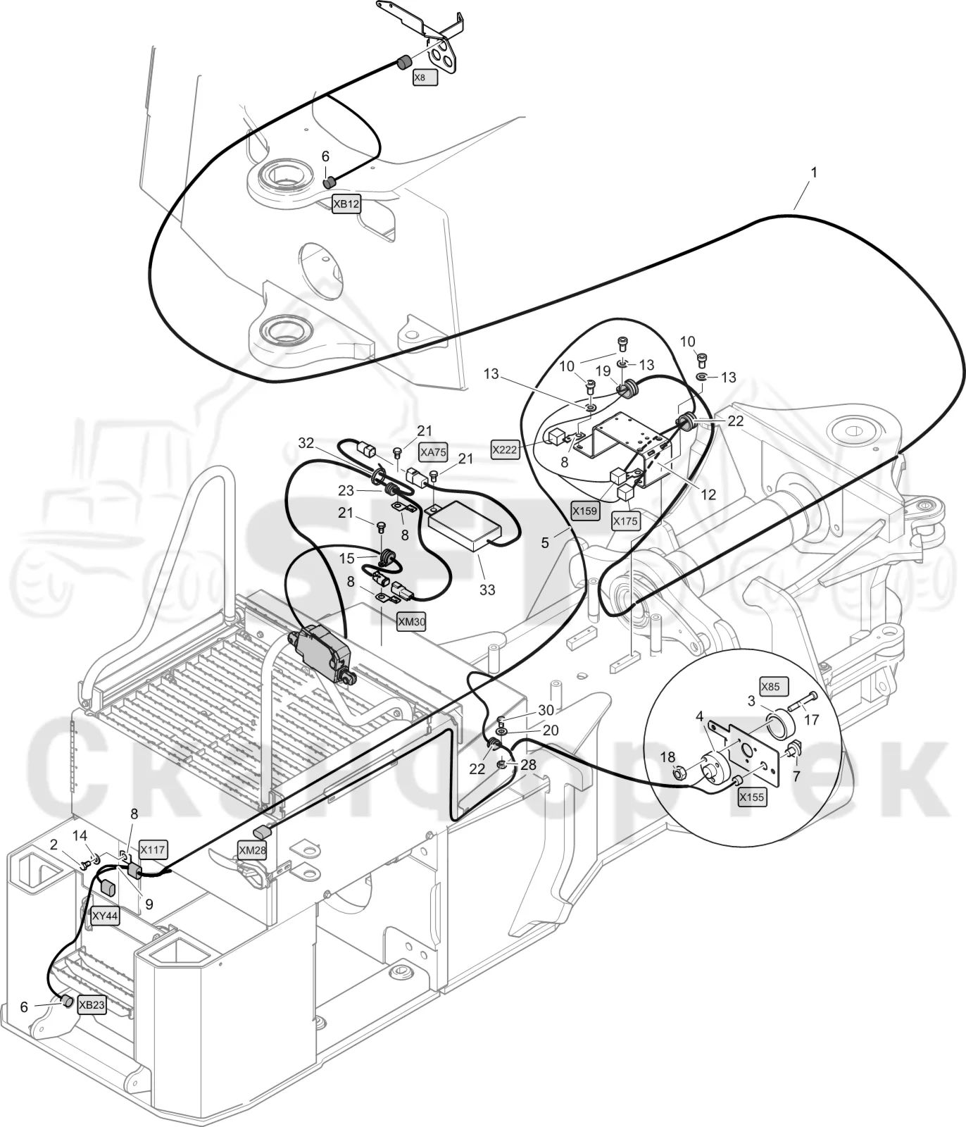 Схема: Komatsu / Лесозаготовительные машины / 951 S/N 9510004367- / Каталог запасных частей / шасси / Электрический Оборудование / Комплект кабелей передней рамы / Комплект кабелей передней рамы Urea 9510004450-