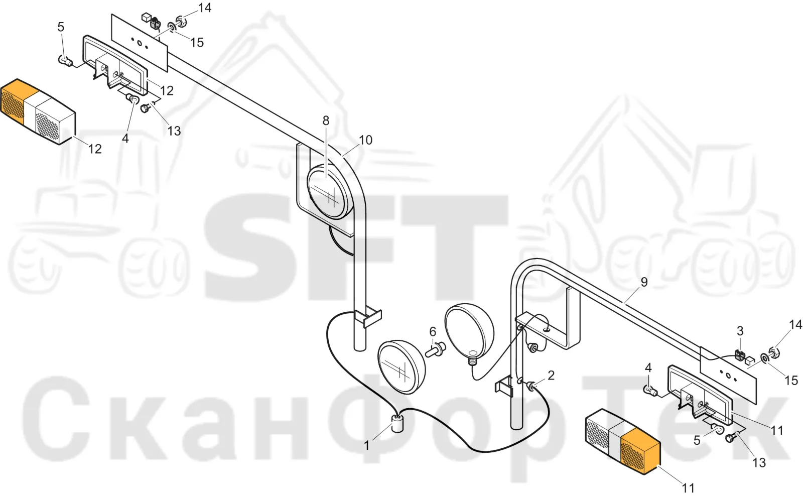 Схема: Komatsu / Лесозаготовительные машины / 911 S/N 9112062167- / Каталог запасных частей / шасси / Электрический Оборудование / Освещение дороги / Переднее освещение
