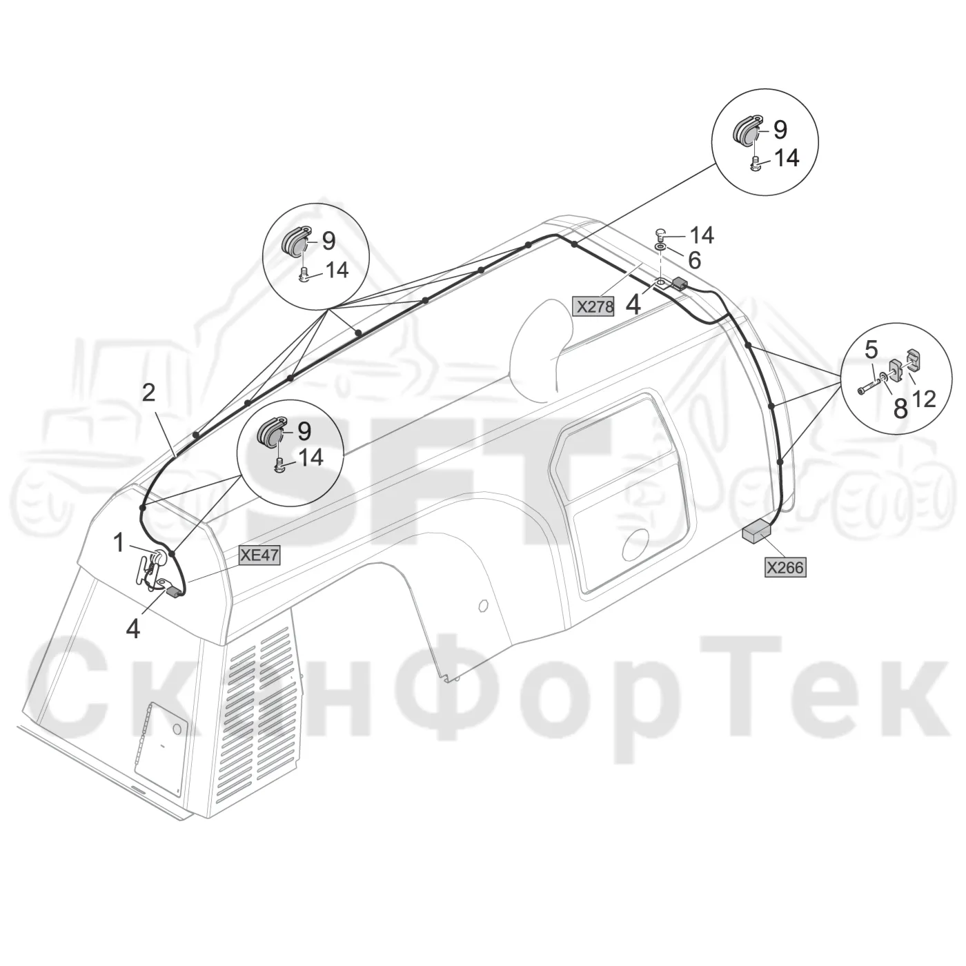 Схема: Komatsu / Лесозаготовительные машины / 951 S/N 9510004367- / Каталог запасных частей / шасси / Капоты / Отсек двигателя, лампа / Комплект электрооборудования