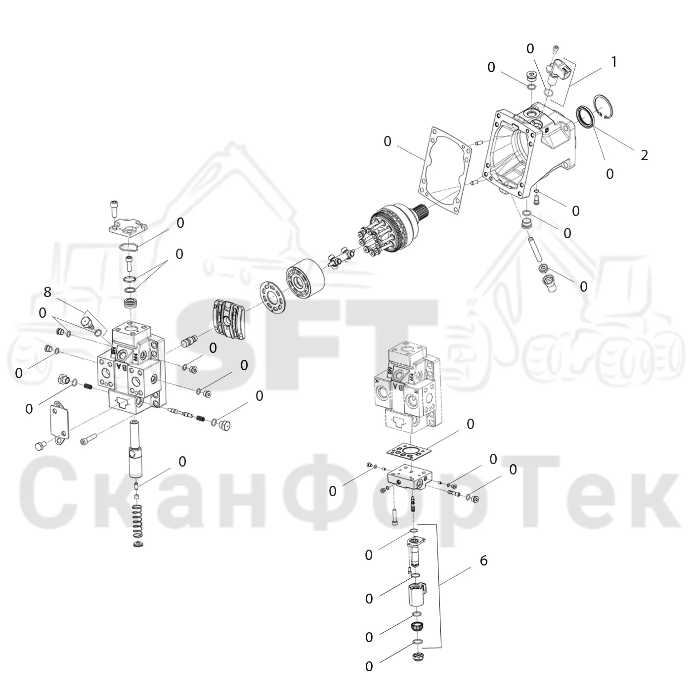 Схема: Komatsu / Форвардер / 895 / Каталог запасных частей / Коробка передач / Подвод гидростатического шланга / Подвод гидростатического шланга / Гидростатический двигатель 8950000171-