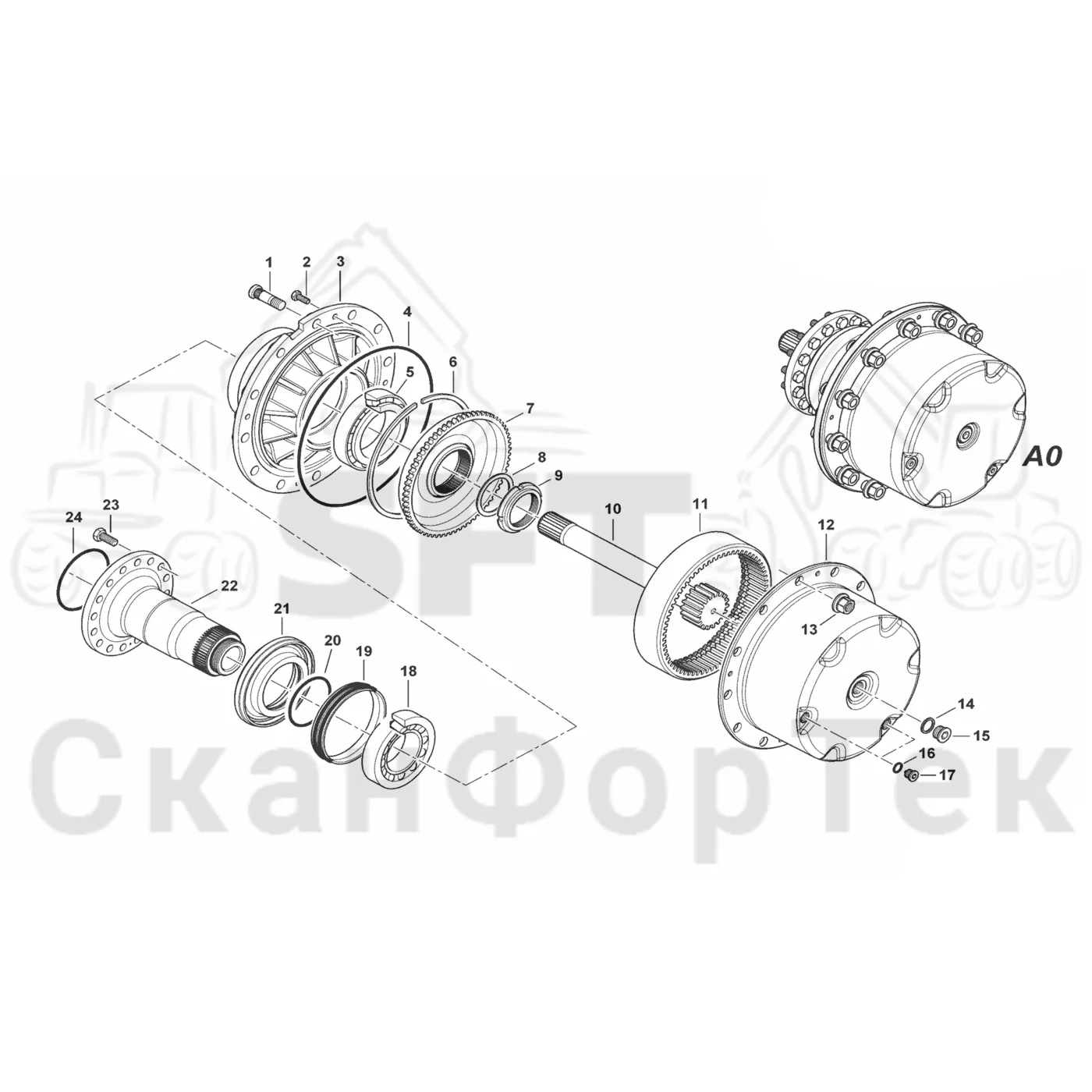 Схема: Komatsu / Лесозаготовительные машины / 951 S/N 9510004367- / Каталог запасных частей / Коробка передач / каретки / Корпус каретки / Ось колеса