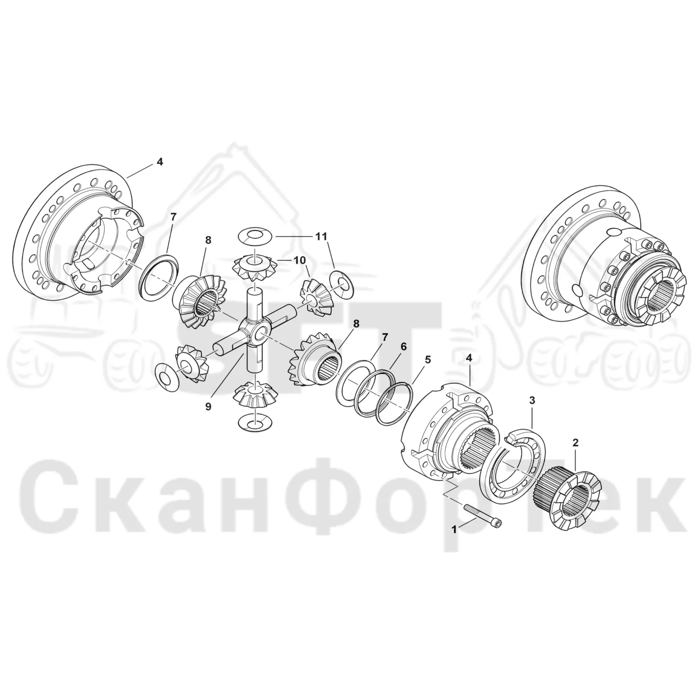 Схема: Komatsu / Лесозаготовительные машины / 951 S/N 9510004367- / Каталог запасных частей / Коробка передач / Ось / Дифференциал / Дифференциал