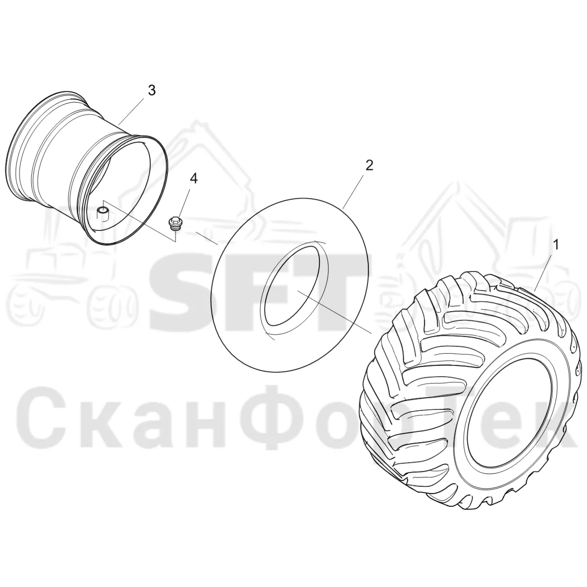 Схема: Komatsu / Лесозаготовительные машины / 931XC S/N 9313021208- / Каталог запасных частей / Коробка передач / Оборудование шин / Trelleborg / 600/55-26,5 T480 / Trelleborg 600/55-26,5 T480 Left