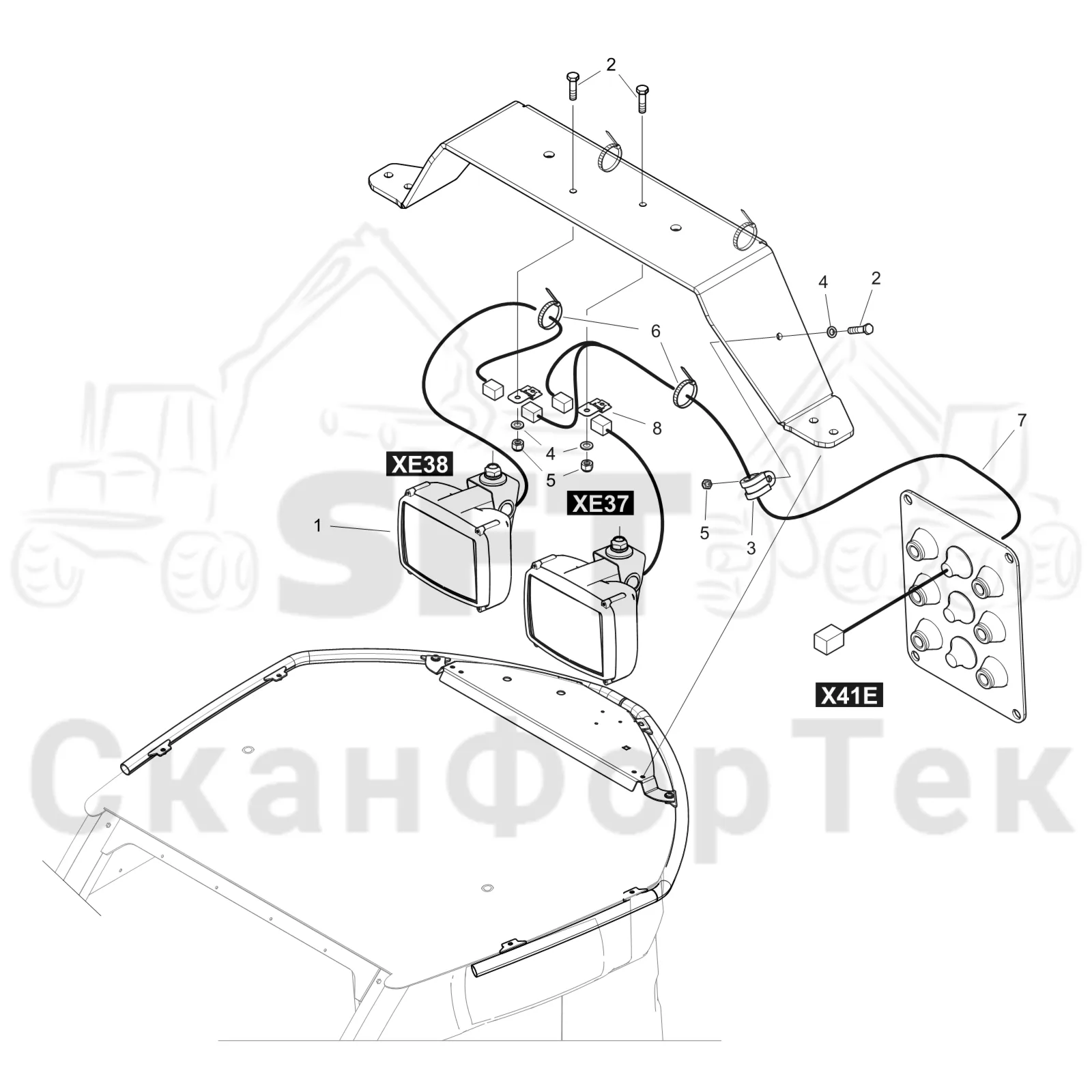 Схема: Komatsu / Лесозаготовительные машины / 931 S/N 9310021067- / Каталог запасных частей / Кабина / Кабина / Рабочие лампы, галогеновые / Галогенная лампа освещения крыши
