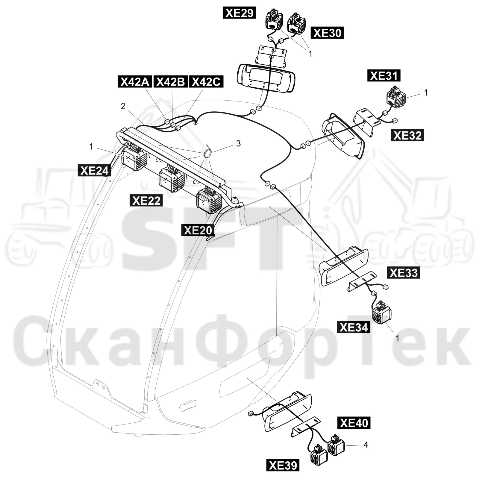 Схема: Komatsu / Лесозаготовительные машины / 911 S/N 9110062167- / Каталог запасных частей / Кабина / Кабина / Рабочие лампы LED / Рабочие лампы LED