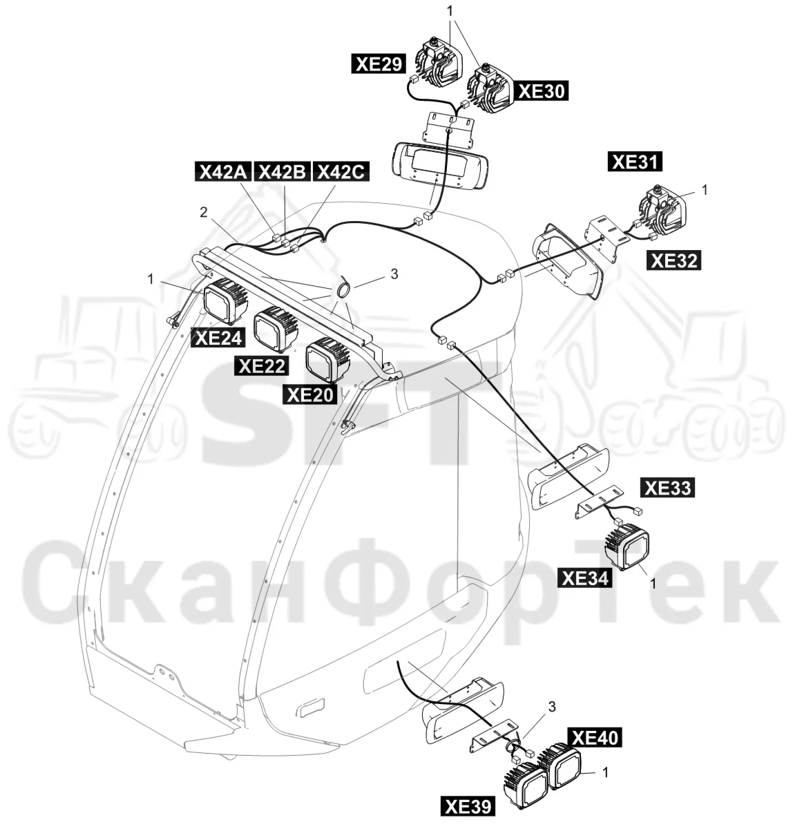 Схема: Komatsu / Лесозаготовительные машины / 901 S/N 9010053267- / Каталог запасных частей / Кабина / Кабина / Рабочие лампы LED / Рабочие лампы LED 9010053441-