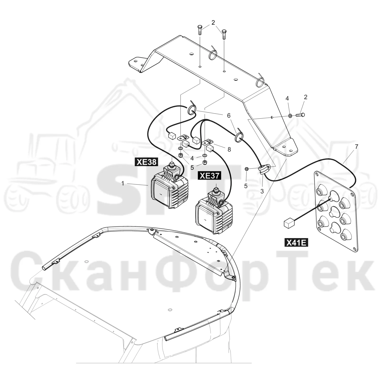 Схема: Komatsu / Лесозаготовительные машины / 911 S/N 9110062167- / Каталог запасных частей / Кабина / Кабина / Рабочие лампы LED / Галогенная лампа освещения LED