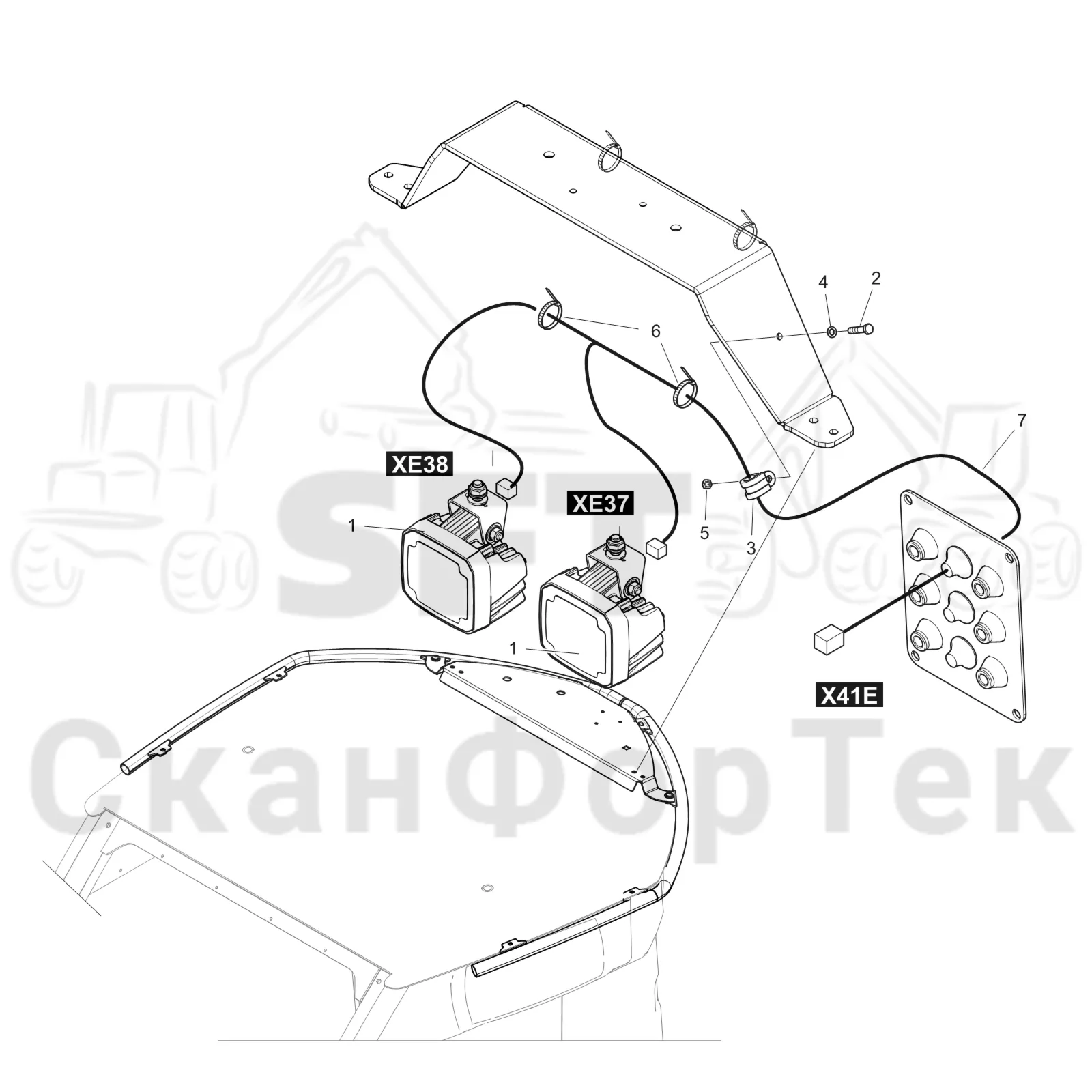 Схема: Komatsu / Лесозаготовительные машины / 931XC S/N 9313021208- / Каталог запасных частей / Кабина / Кабина / Рабочие лампы LED / Галогенная лампа освещения  LED