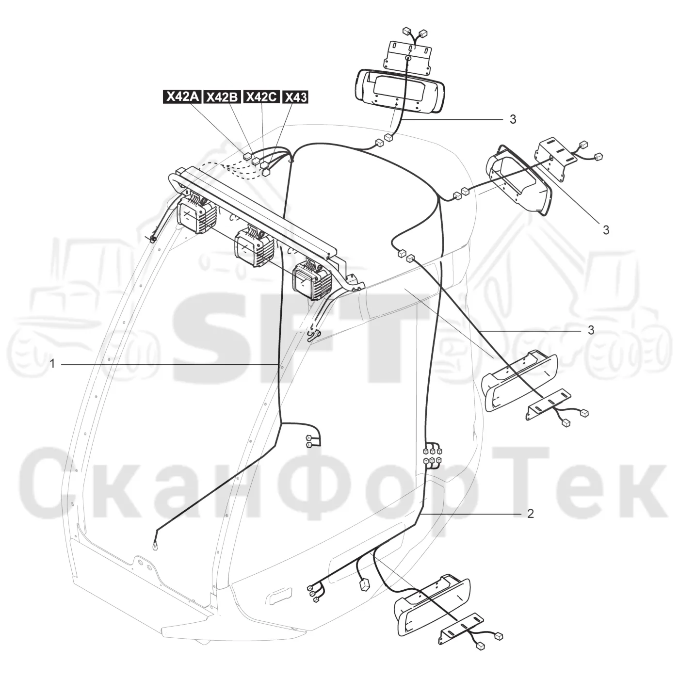 Схема: Komatsu / Лесозаготовительные машины / 931 S/N 9310021067- / Каталог запасных частей / Кабина / Кабина / Проводка / Комплект электрооборудования кабины