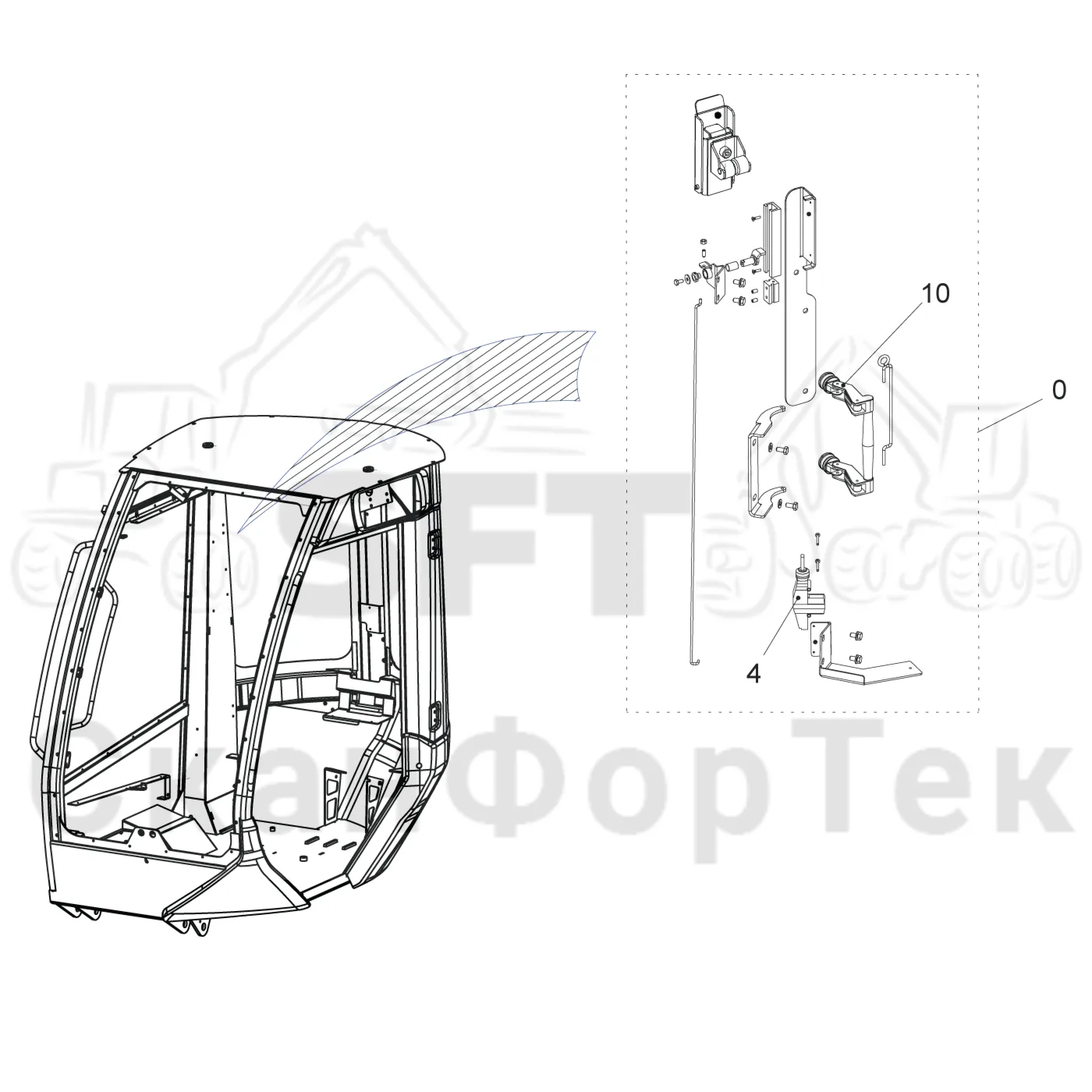 Схема: Komatsu / Лесозаготовительные машины / 901 S/N 9010053267- / Каталог запасных частей / Кабина / Экраны / Аварийный выход / Ручка