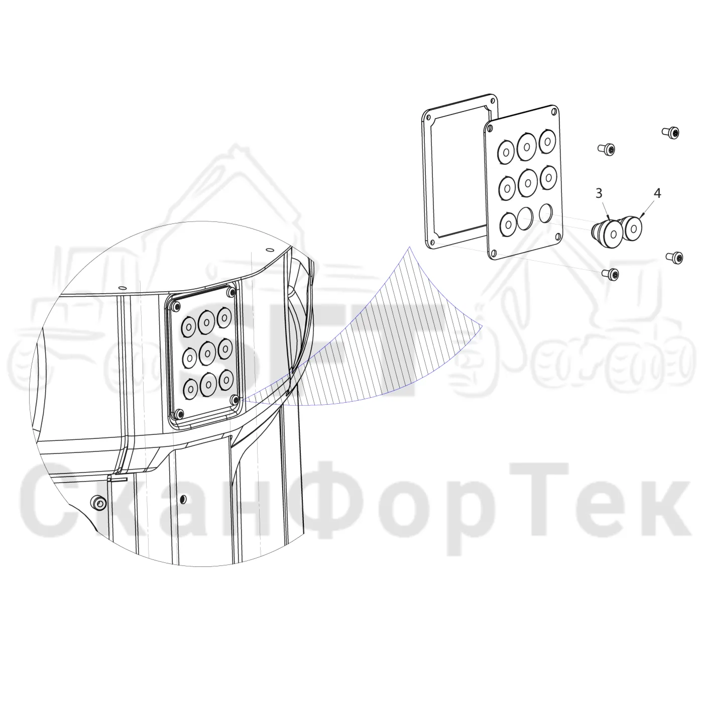 Схема: Komatsu / Лесозаготовительные машины / 901 S/N 9010053267- / Каталог запасных частей / Кабина / Салон / Панель электрооборудования / Уплотняющее кольцо