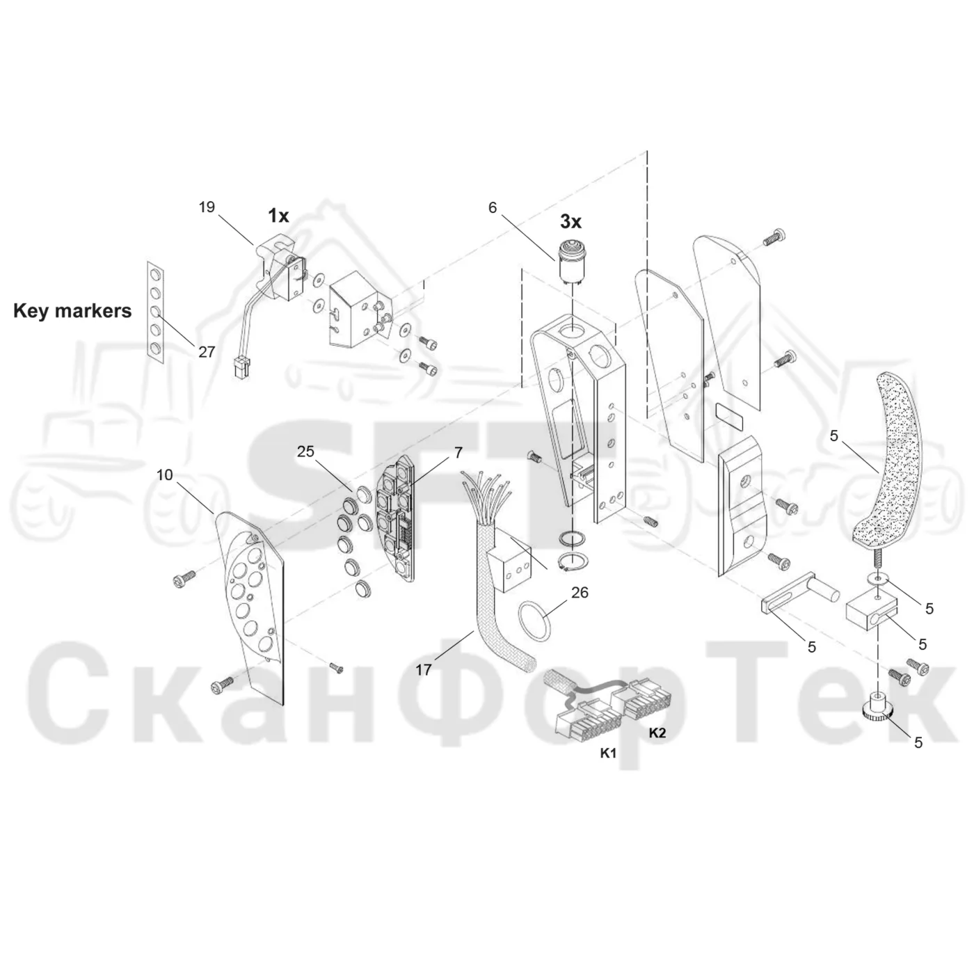 Схема: Komatsu / Лесозаготовительные машины / 901 S/N 9010053267- / Каталог запасных частей / Система управления / Регулятор / Рычаги электрооборудования, KCC/EME / Ручка манипулятора правая