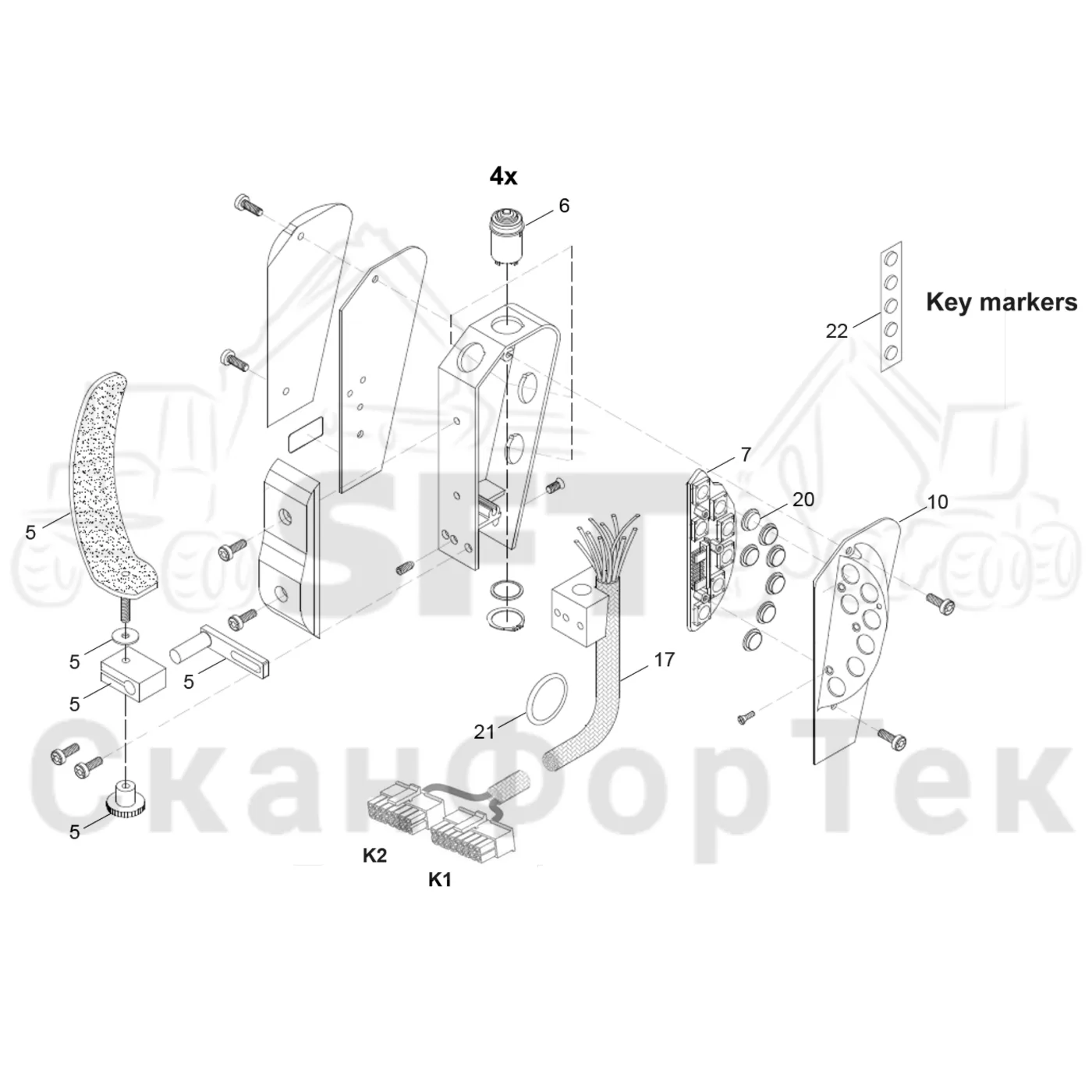 Схема: Komatsu / Лесозаготовительные машины / 951 S/N 9510004367- / Каталог запасных частей / Система управления / Регулятор / Рычаги электрооборудования, KCC/EME / Ручка манипулятора левая