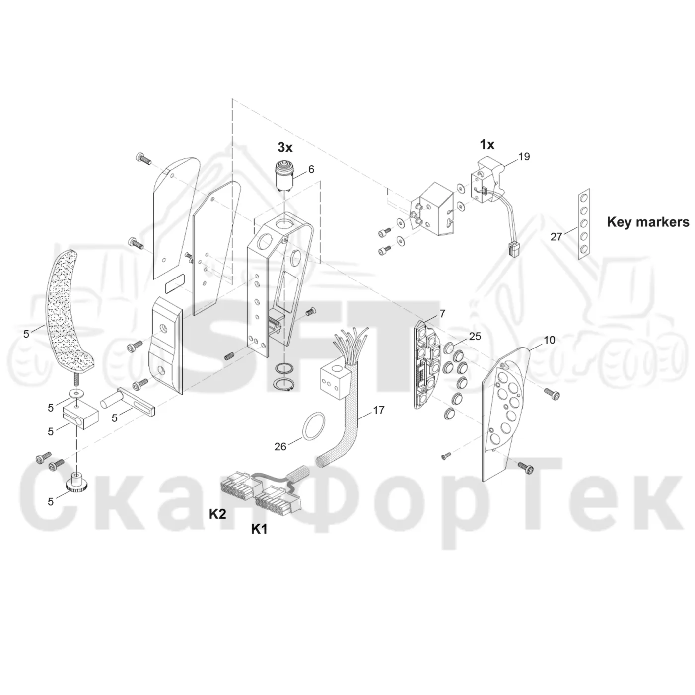 Схема: Komatsu / Лесозаготовительные машины / 931XC S/N 9313021208- / Каталог запасных частей / Система управления / Регулятор / Рычаги электрооборудования, KCC/EME, Sequence / Ручка манипулятора левая
