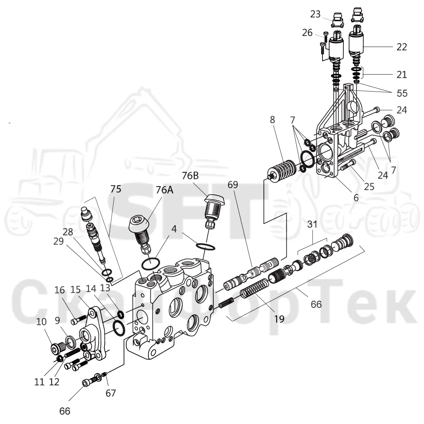 Схема: Komatsu / Лесозаготовительные машины / 931XC S/N 9313021208- / Каталог запасных частей / Гидравлика / Клапан подъемного крана / Клапан подъемного крана / Подъемный
